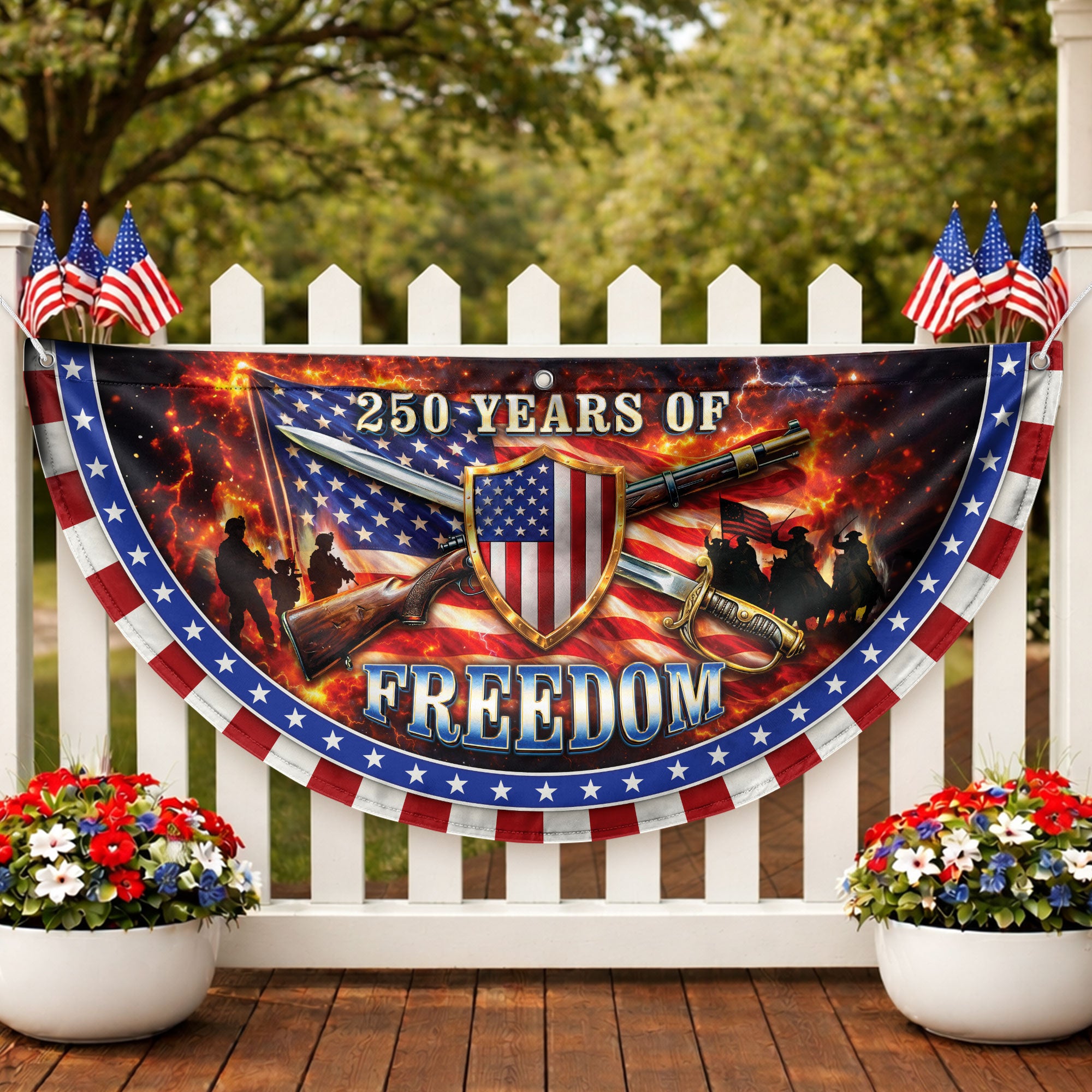 250 Years of Freedom Fence Flag 1776-2026 Patriotic Military Shield Banner