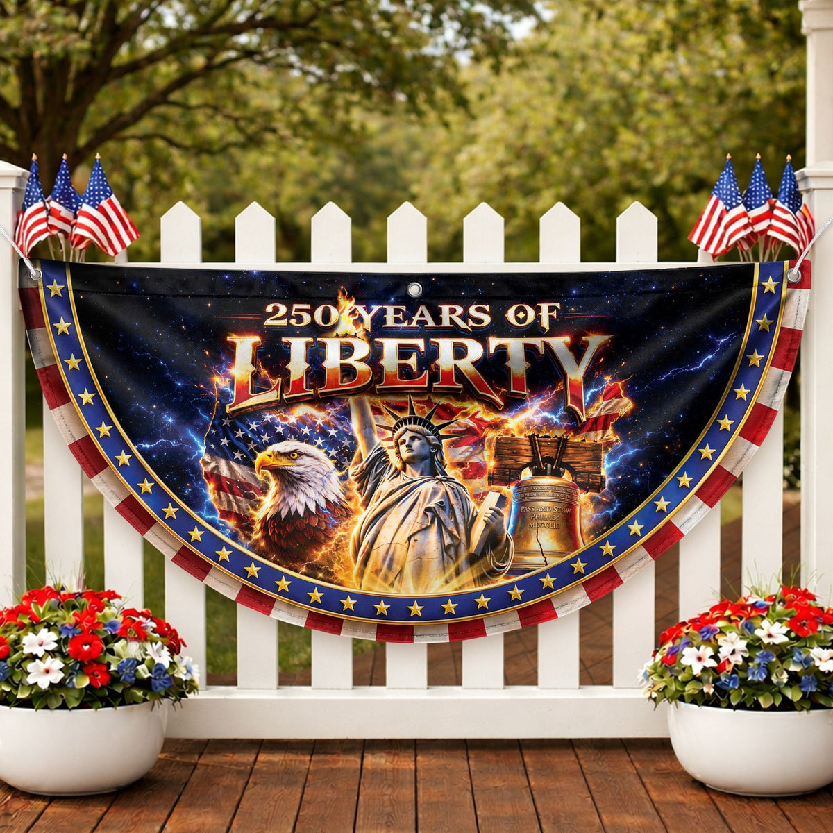 250 Years of Liberty Fence Flag Statue of Liberty Eagle Liberty Bell Banner - Rust Field Wear