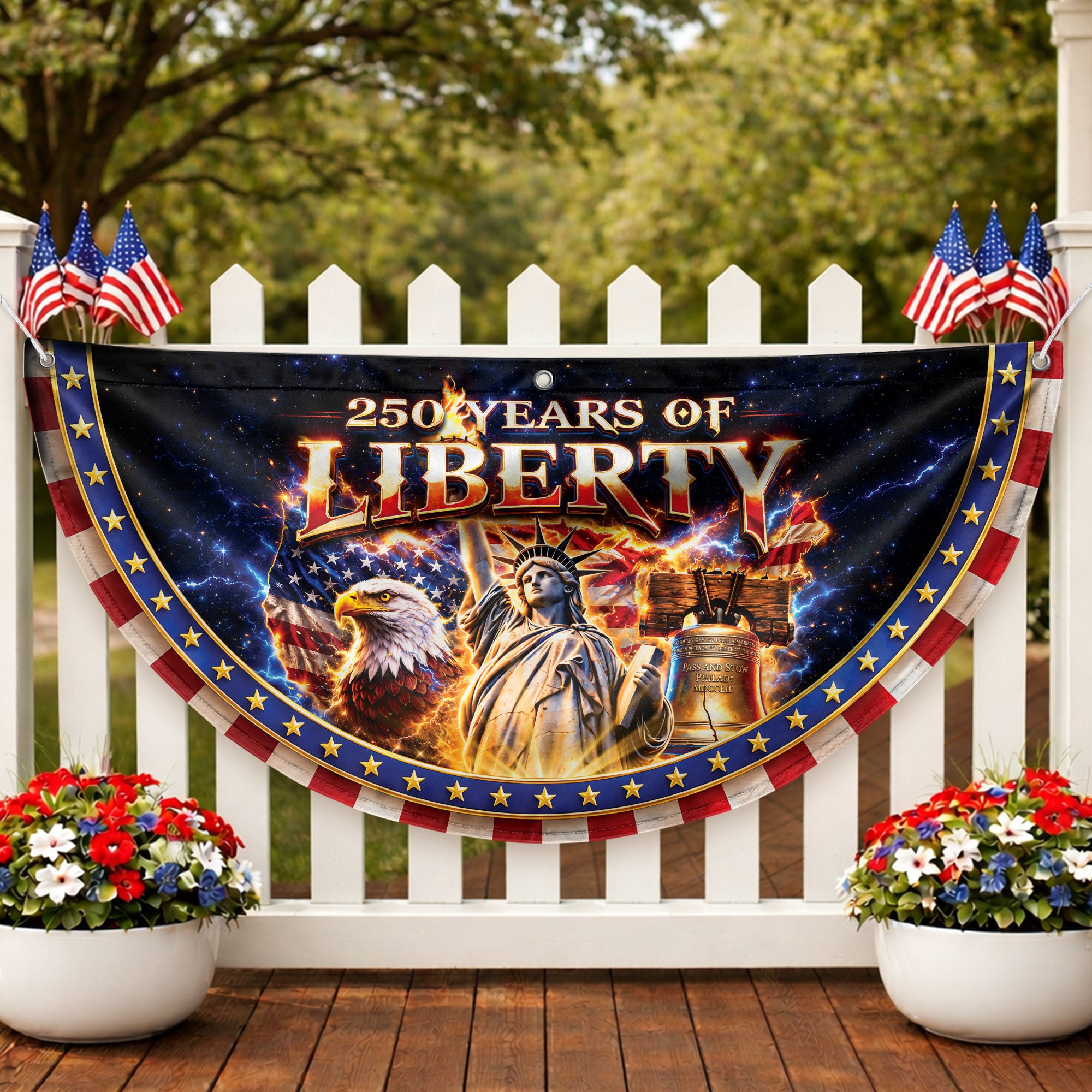 250 Years of Liberty Fence Flag Statue of Liberty Eagle Liberty Bell Banner