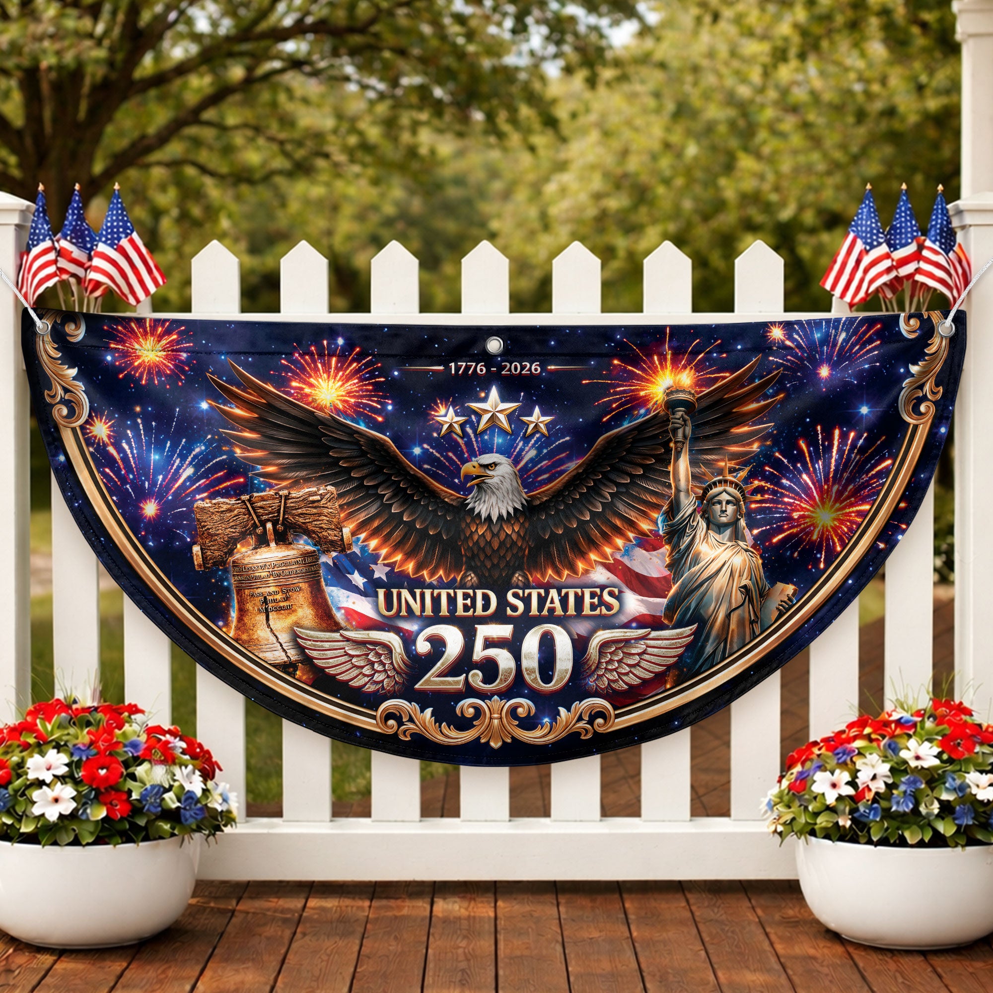 USA 250 Years Fence Flag 1776-2026 Liberty Bell Patriotic Eagle Yard Decoration