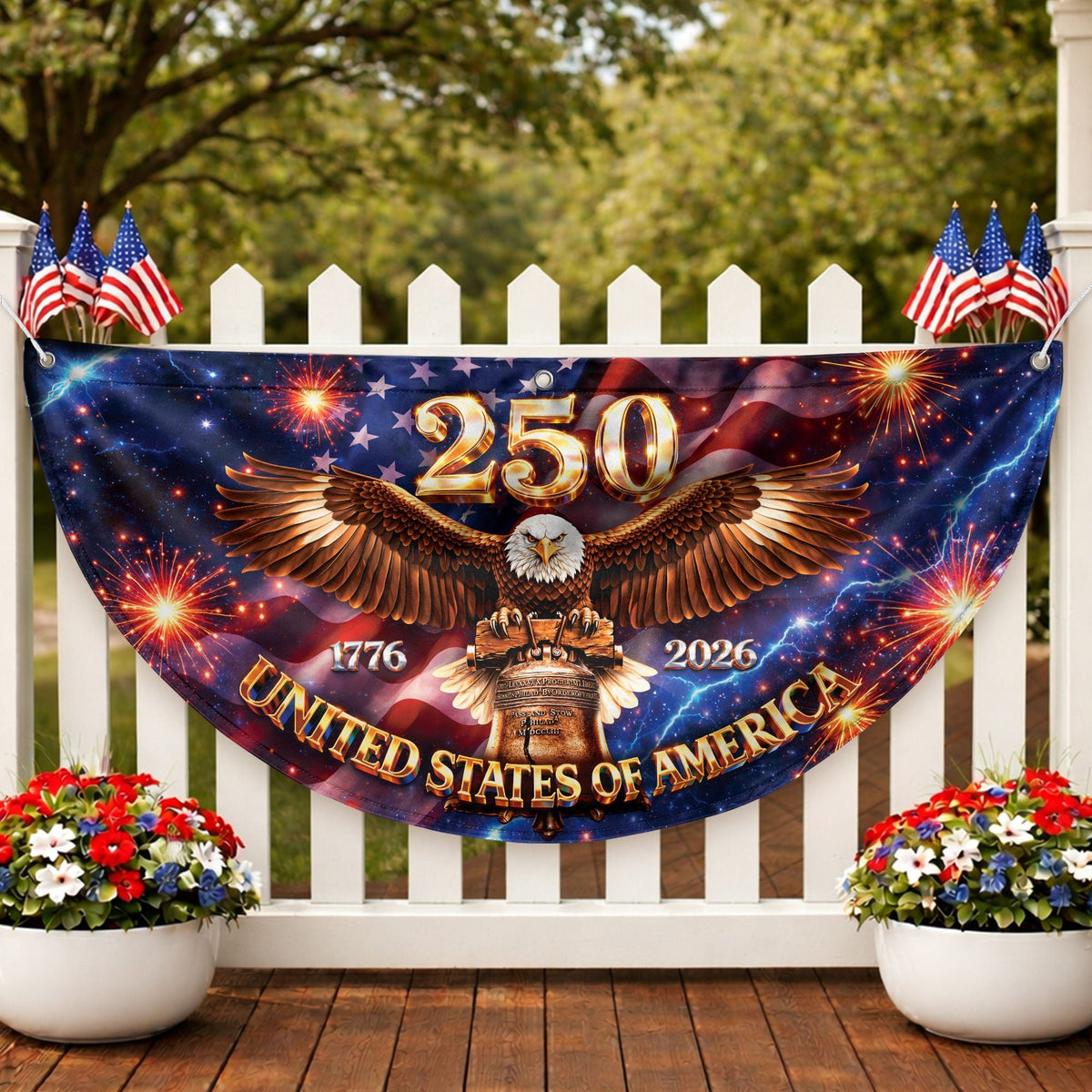 250 Years United States Fence Flag 1776-2026 Patriotic Liberty Eagle Bell - Rust Field Wear