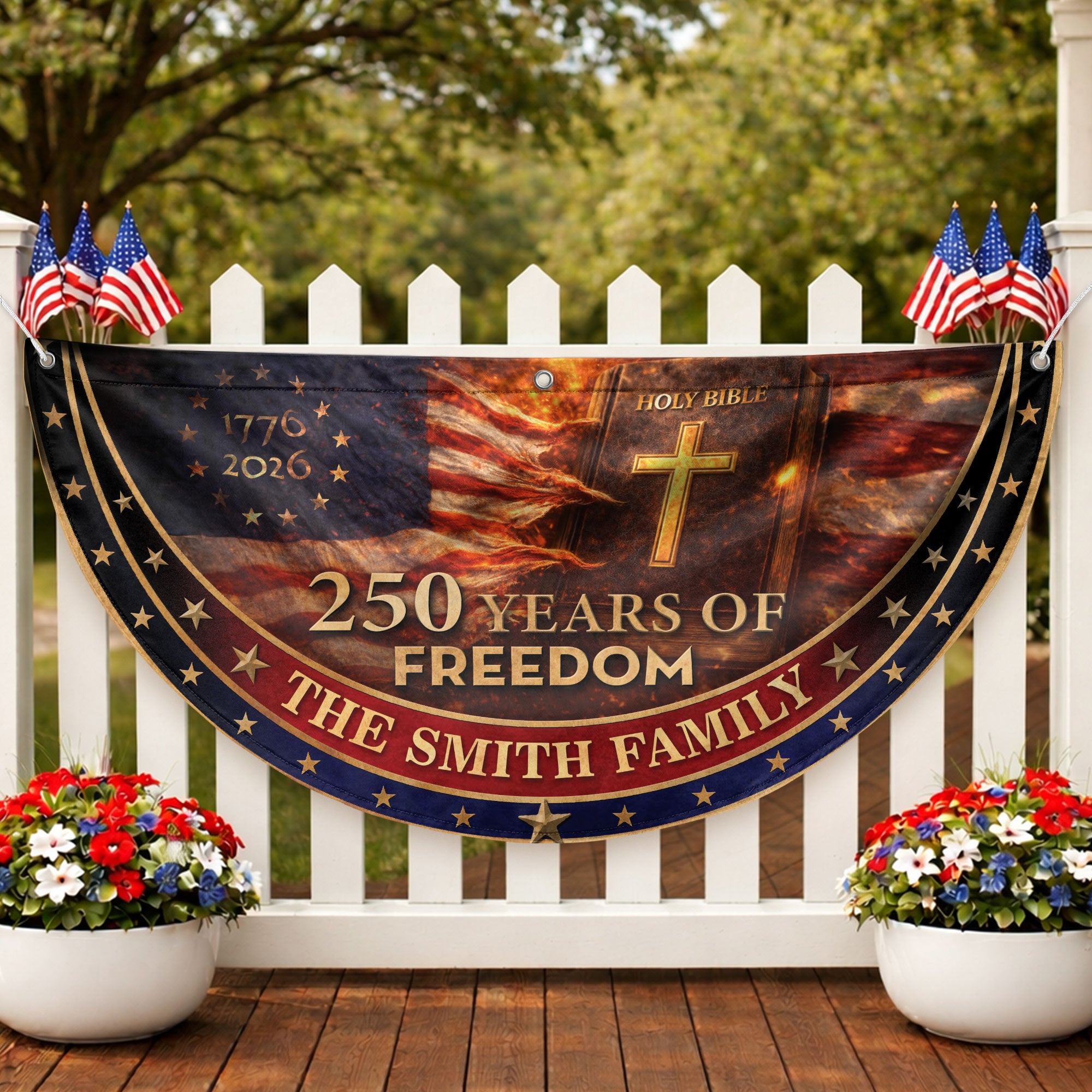 250 Christ Years Freedom Flag Fence Flag Custom Family Name 250 Years Christian Flag American Flag with Cross 250th Anniversary Design