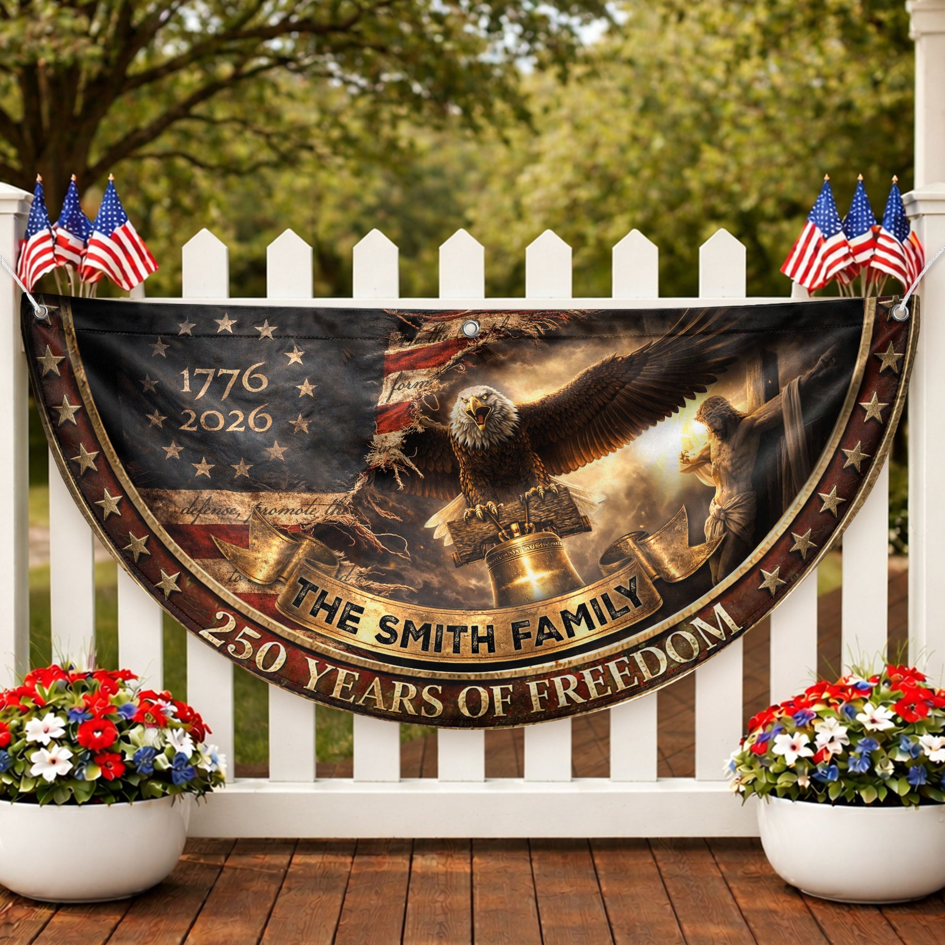 250 Years of Freedom Flag Fence Flag Custom Family Name American Flag with Cross Christian 250th Anniversary Patriotic Banner Gift - Rust Field Wear
