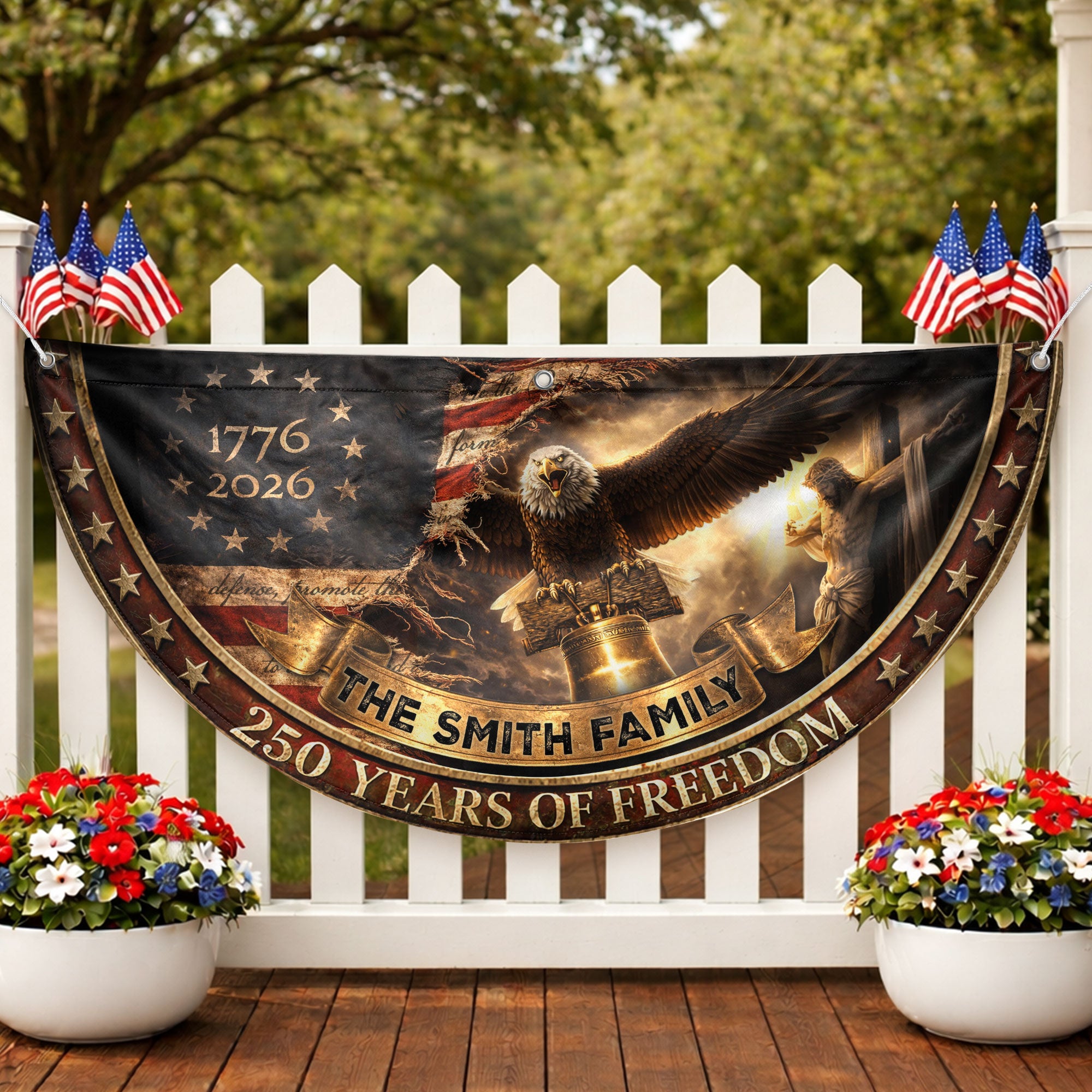 250 Years of Freedom Flag Fence Flag Custom Family Name American Flag with Cross Christian 250th Anniversary Patriotic Banner Gift