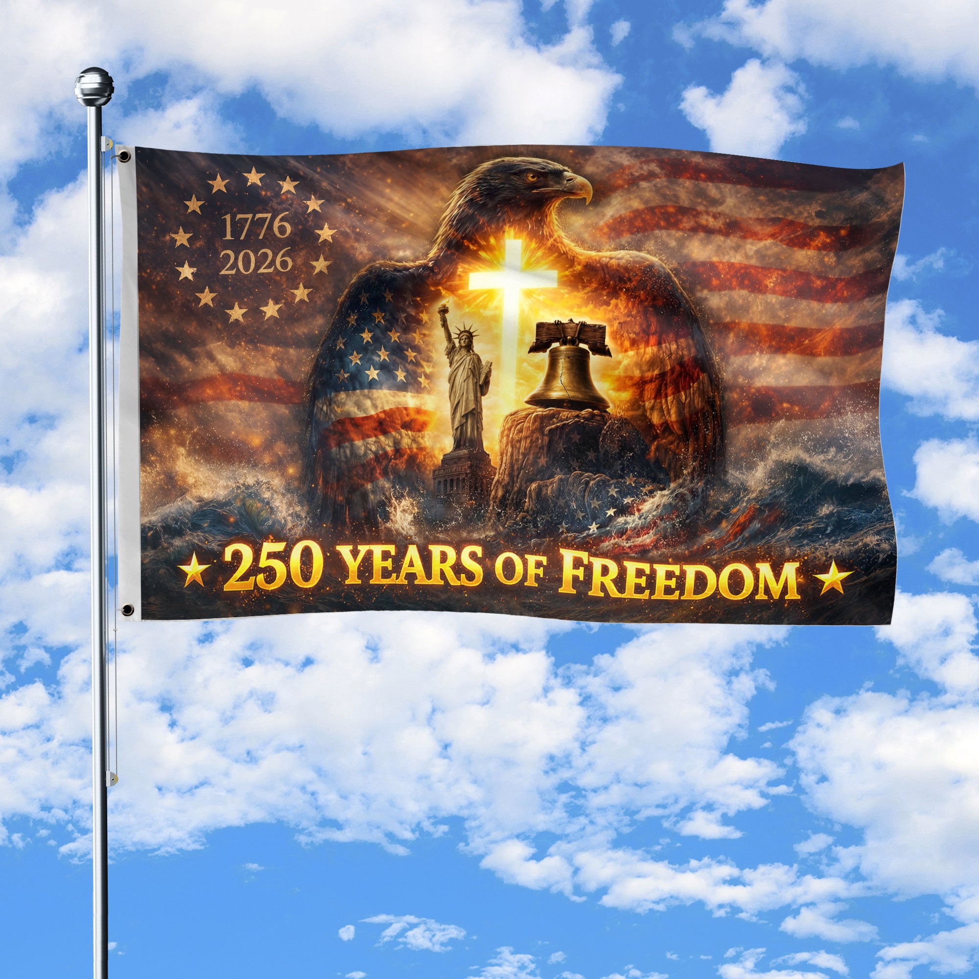 Christian Cross Eagle 250th Anniversary USA House Flag, 250 Years Freedom 1776–2026 - Rust Field Wear
