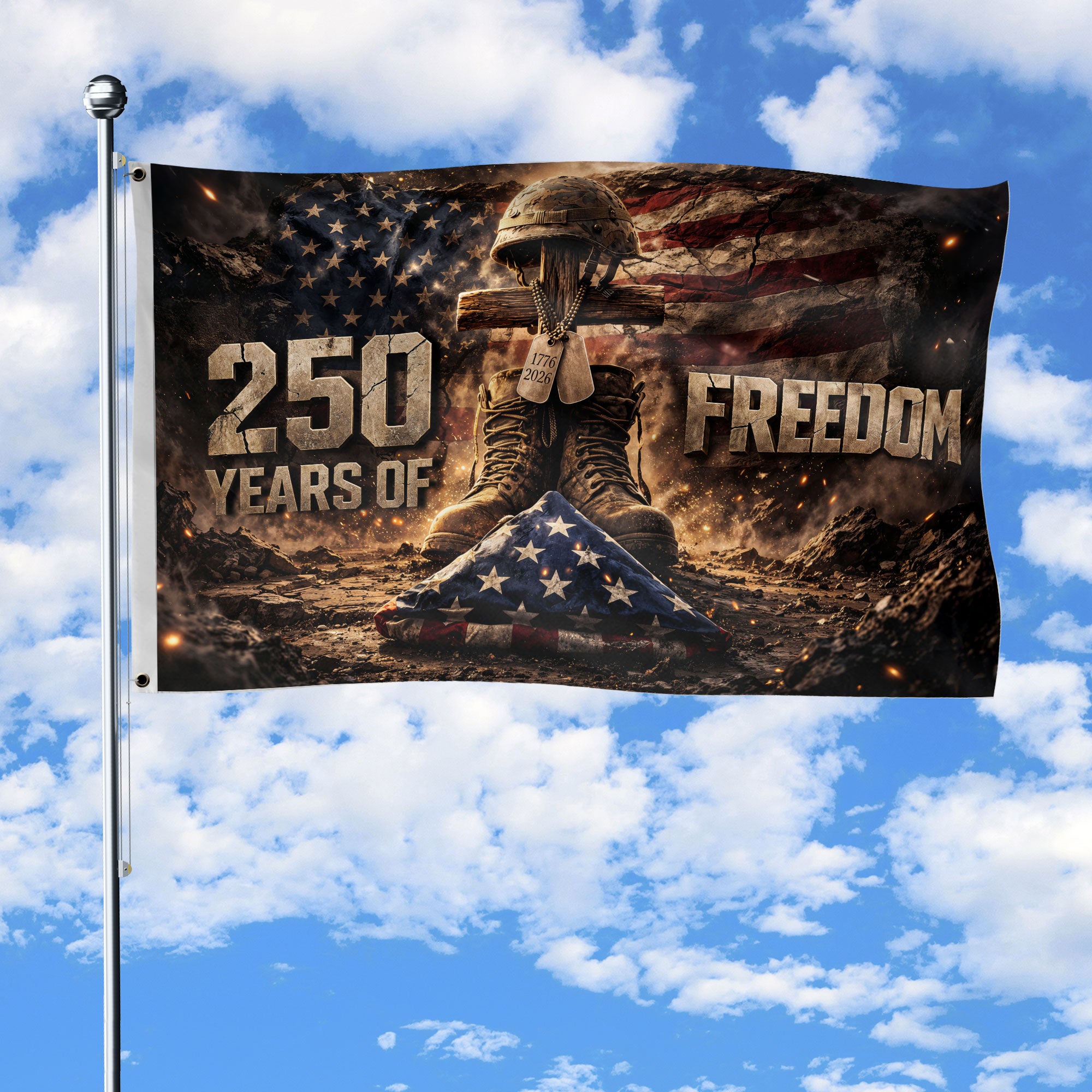 1776–2026 Christian Cross USA 250 Year Anniversary House Flag, 250 Years Freedom 1776–2026 - Rust Field Wear