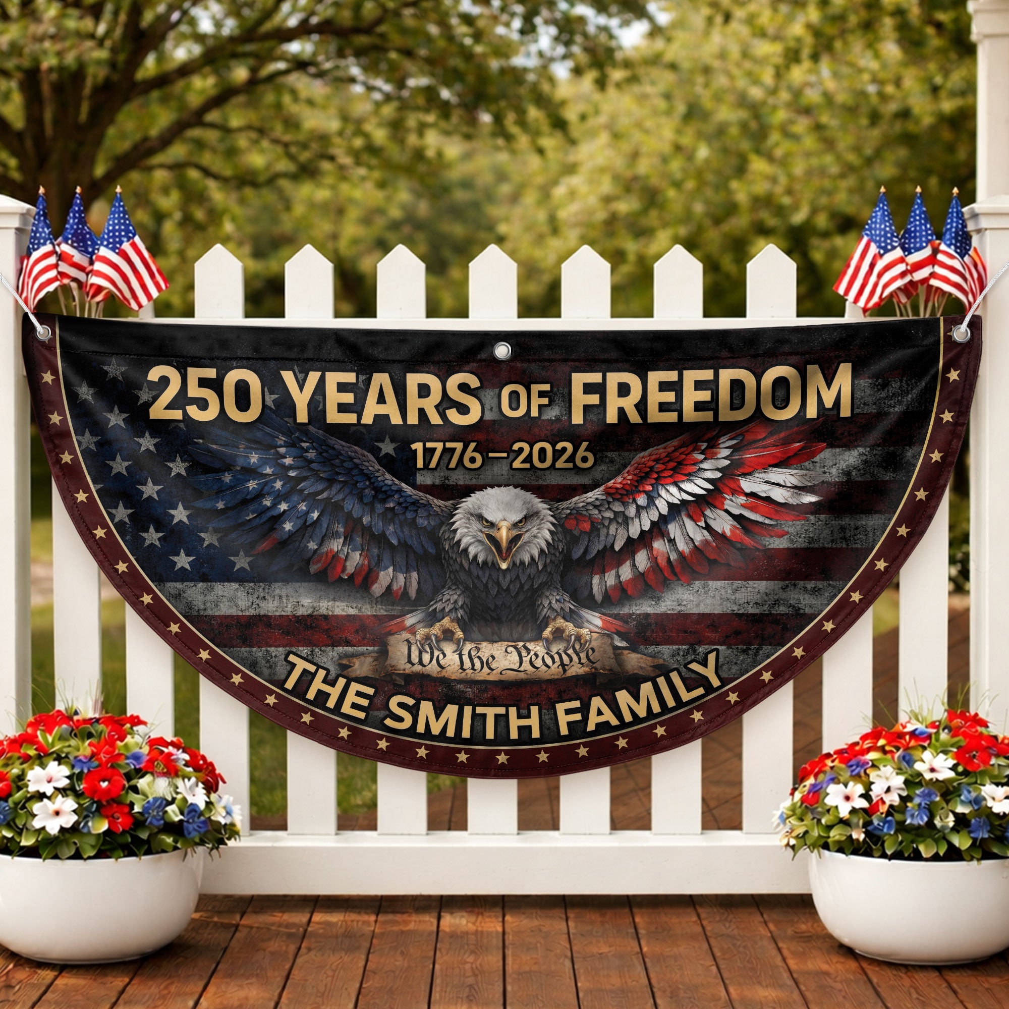 American Bald Eagle Fence Flag Custom Family Name 250 Years Freedom 1776-2026 Patriotic Yard Decor