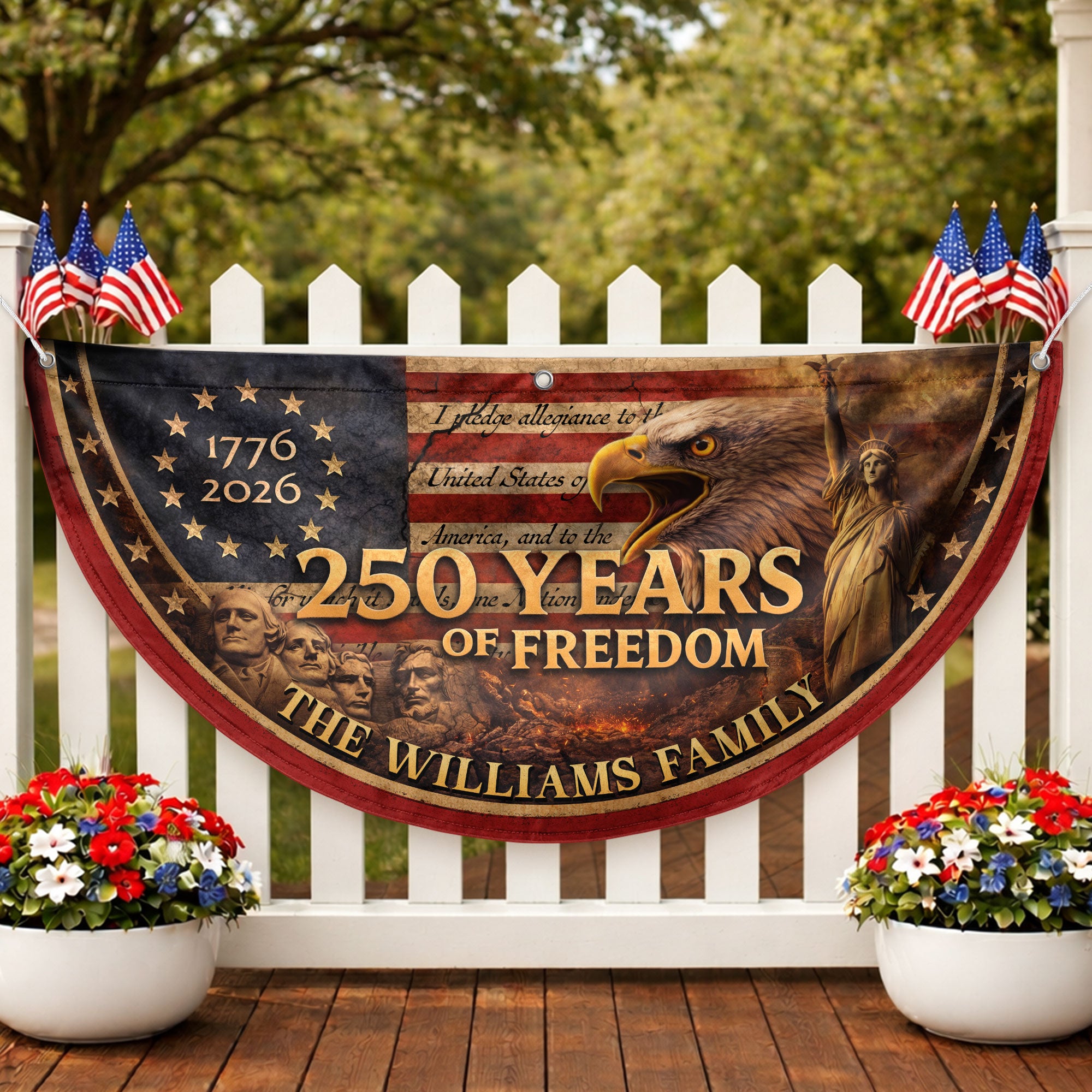 Mount Rushmore Eagle Fence Flag Custom Family Name 250 Years Freedom 1776-2026 Patriotic Yard Decor