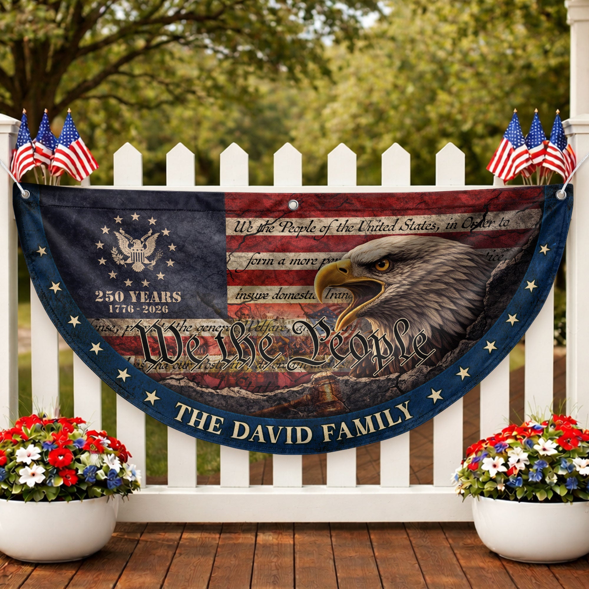 We The People Eagle Head Fence Flag Custom Family Name 250 Years Freedom 1776-2026 Patriotic Yard Decor