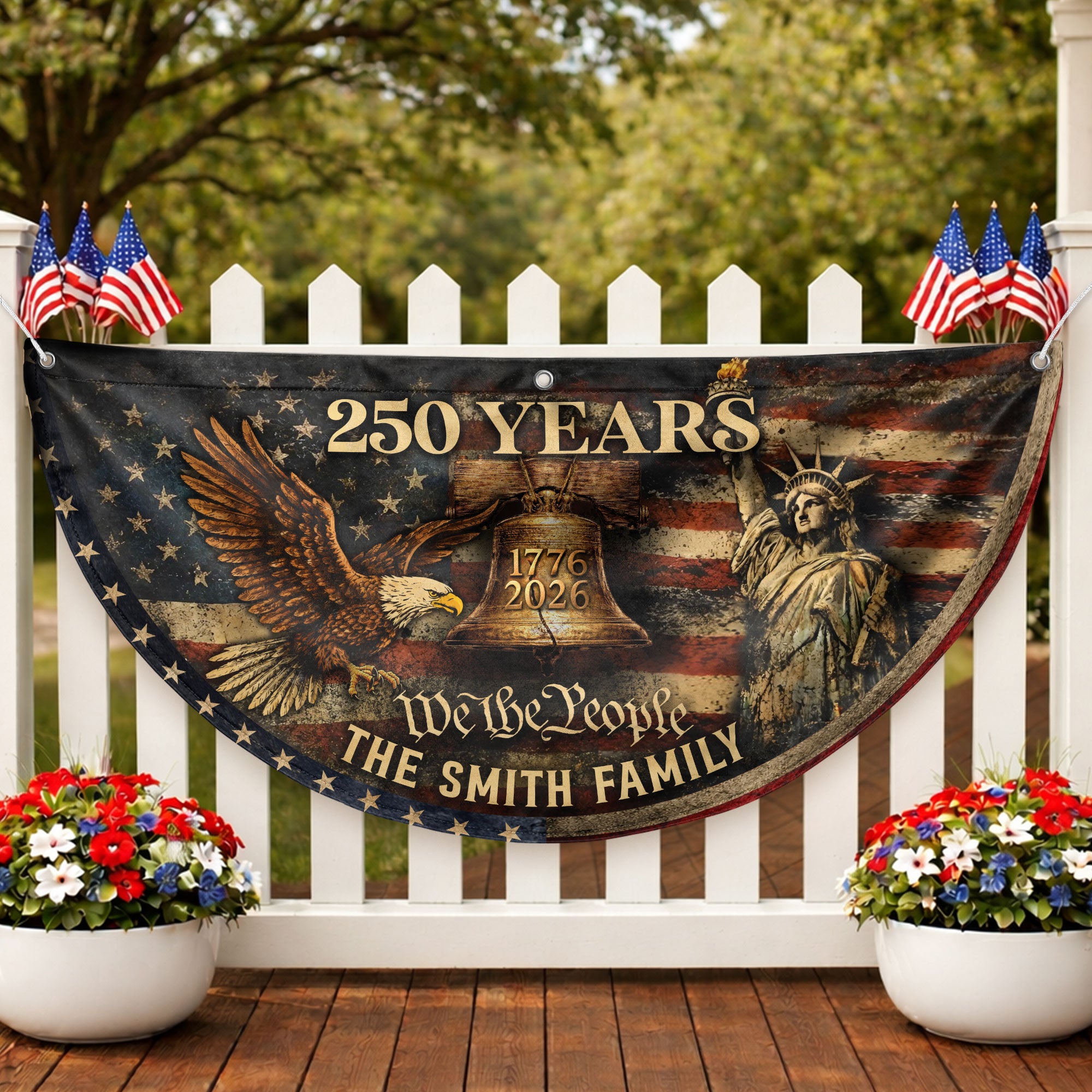 Liberty Bell Eagle Fence Flag Custom Family Name 250 Years Freedom 1776-2026 Patriotic Yard Decor