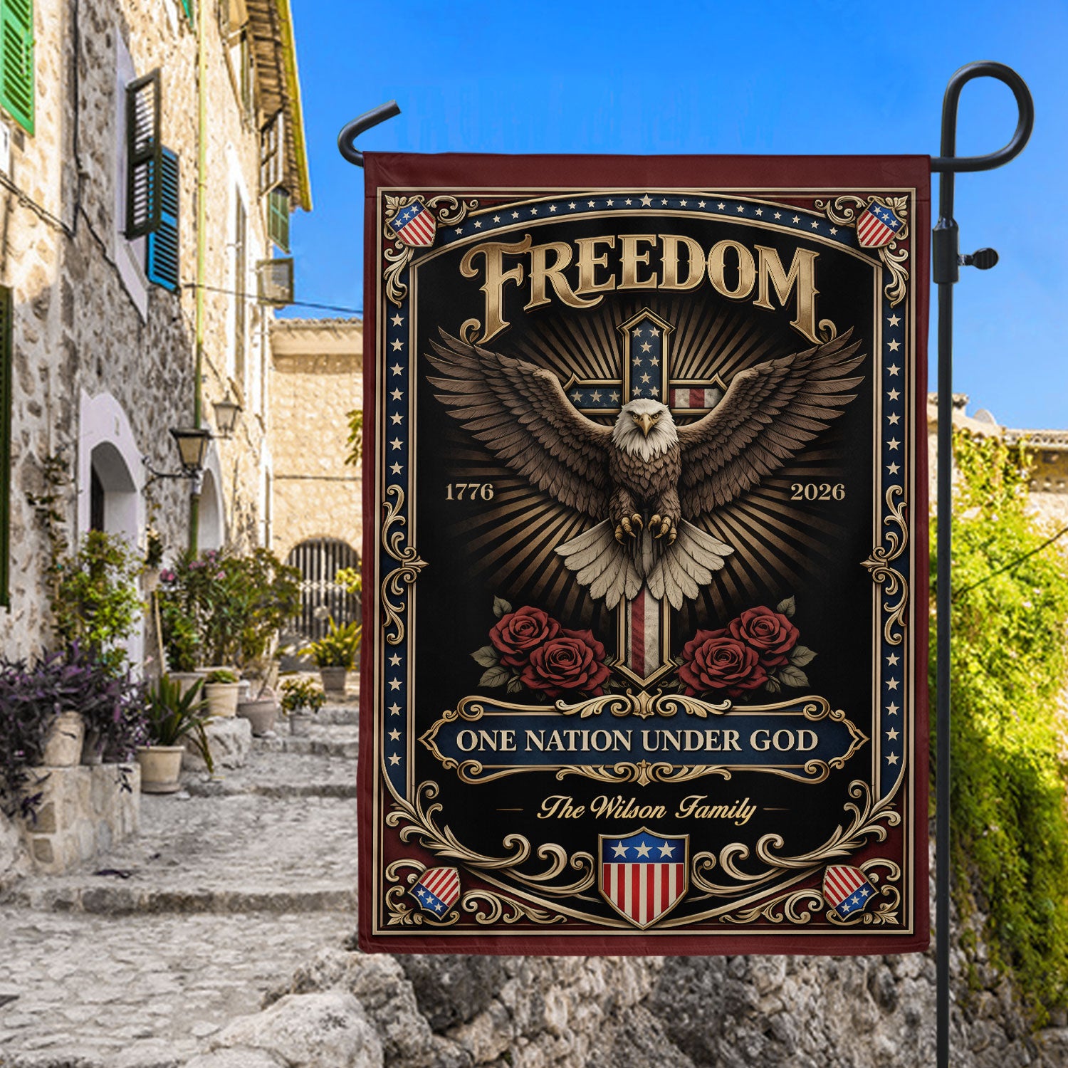 Custom Family Name Garden Flag 250 Years Patriotic Eagle Cross 1776–2026 Freedom Banner
