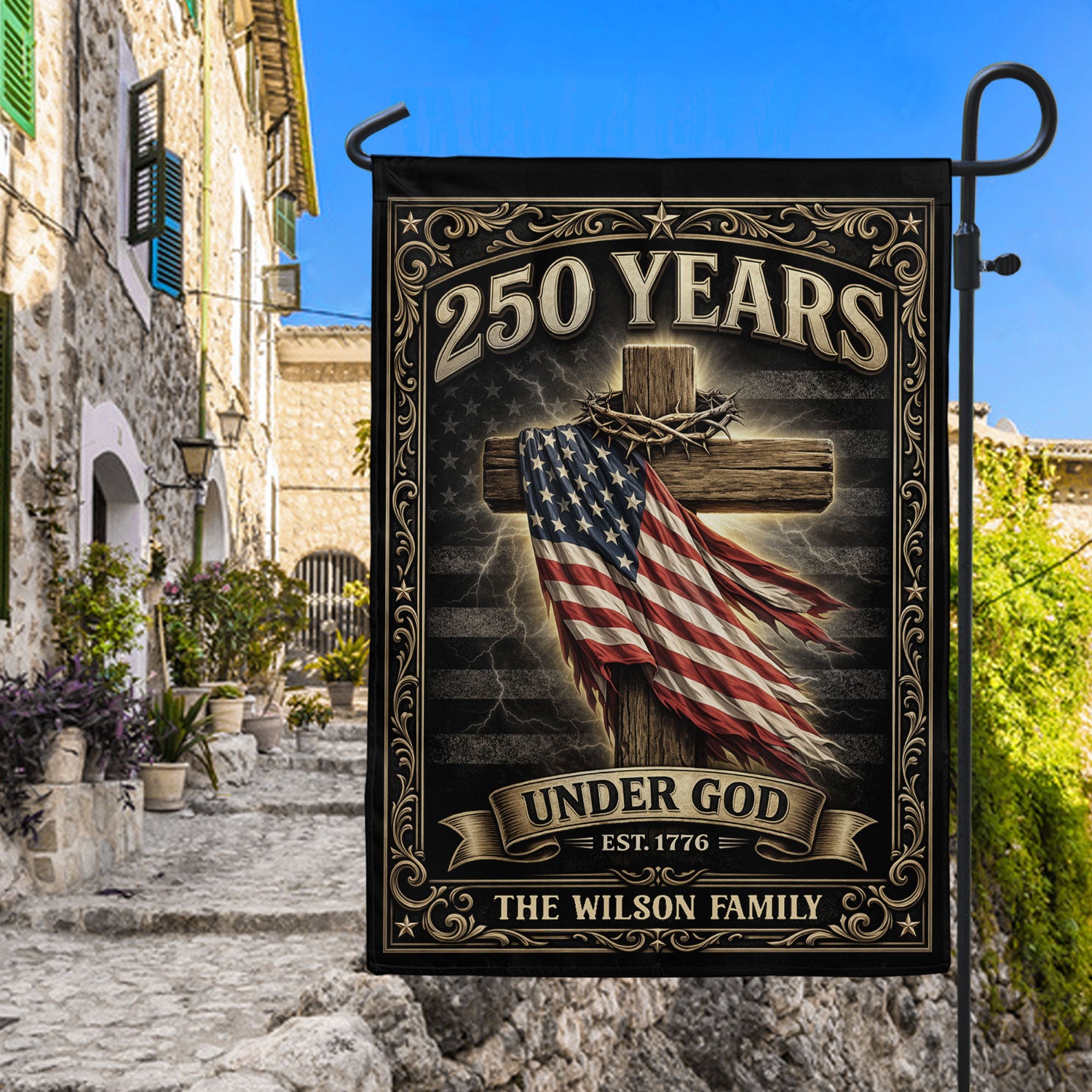 Personalized Family Name Garden Flag 250 Years Under God Cross Patriotic Outdoor Decor