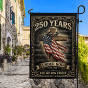 Personalized Family Name Garden Flag 250 Years Under God Cross Patriotic Outdoor Decor - Rust Field Wear