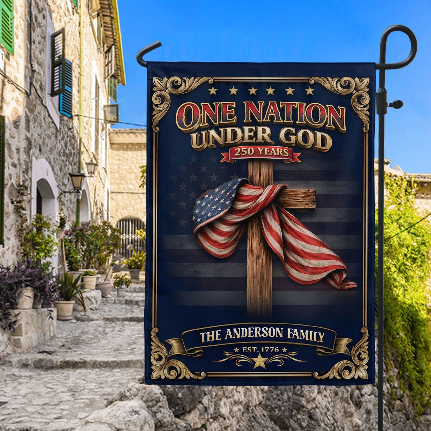 Custom Family Name Garden Flag One Nation Under God 250 Years Patriotic Cross Decor