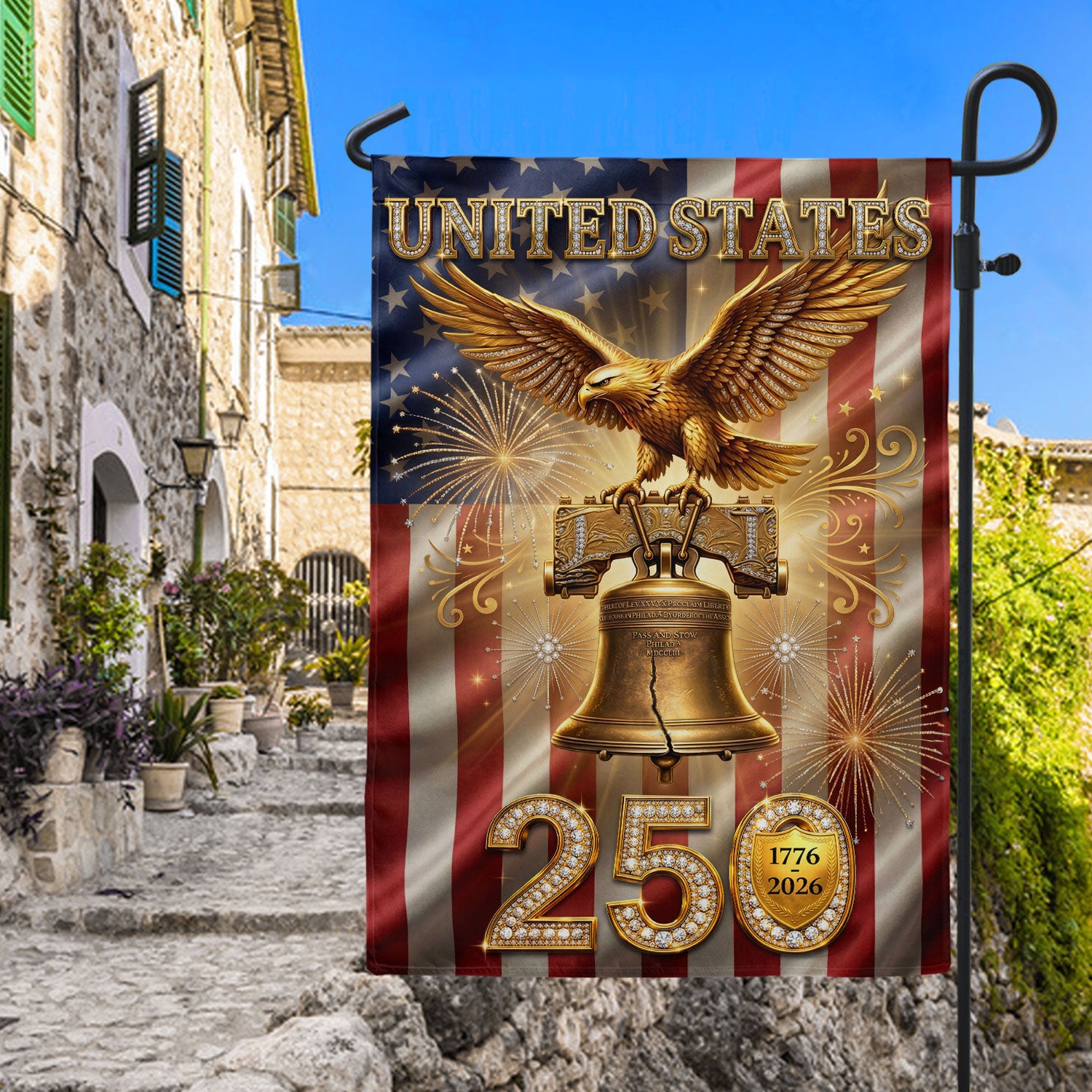 250 Years Garden Flag American Eagle Liberty Bell Fireworks Patriotic Decor 1776-2026