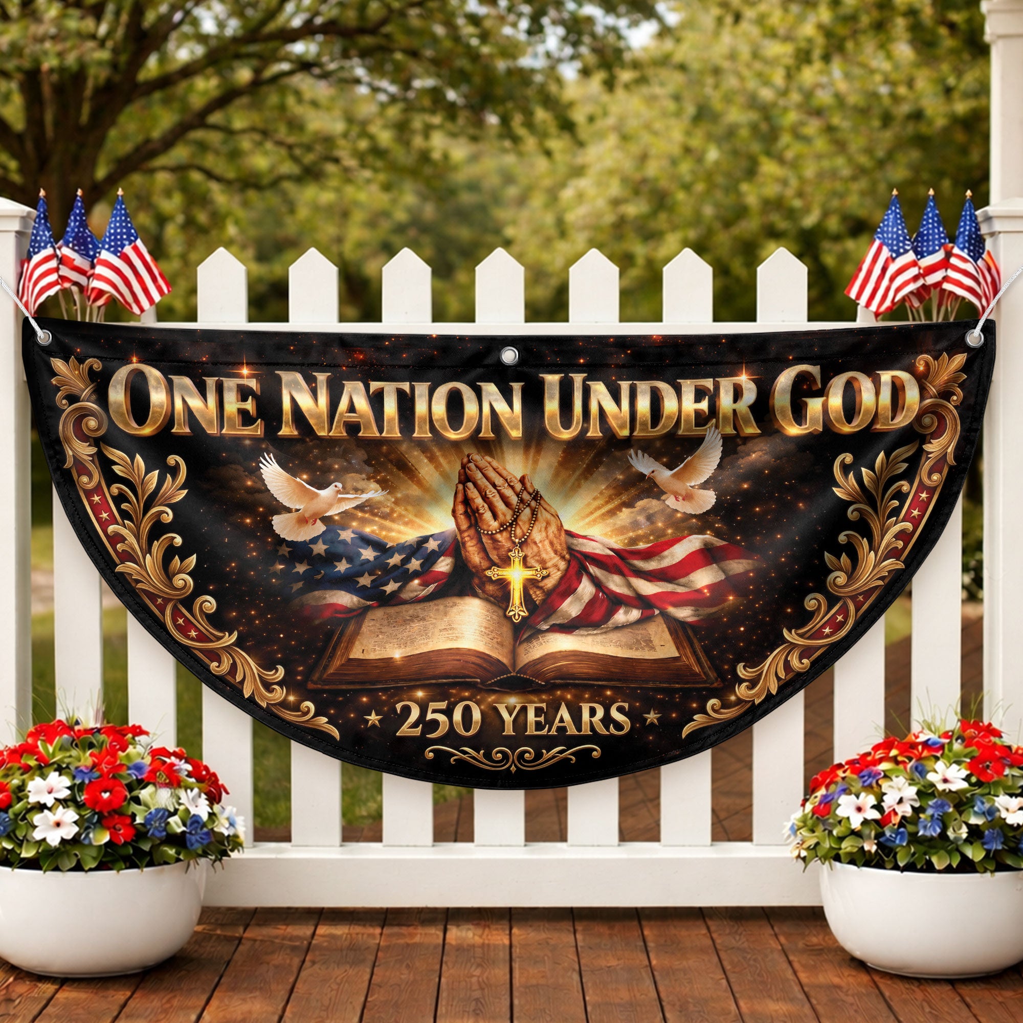 250 Years United States Fence Flag One Nation Under God 1776-2026 Patriotic Bible Banner