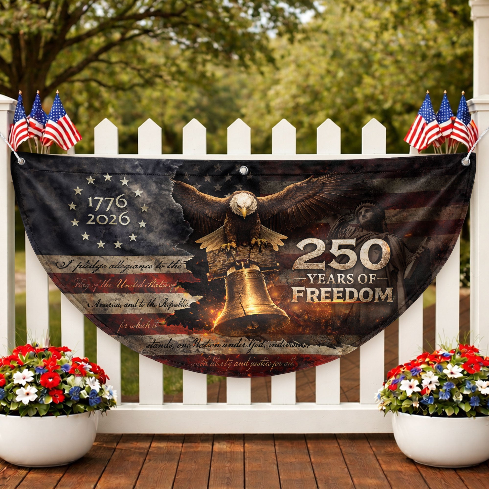 American 250 Year Fence Flag 1776 to 2026 Freedom Eagle Bell Patriotic Outdoor Decor