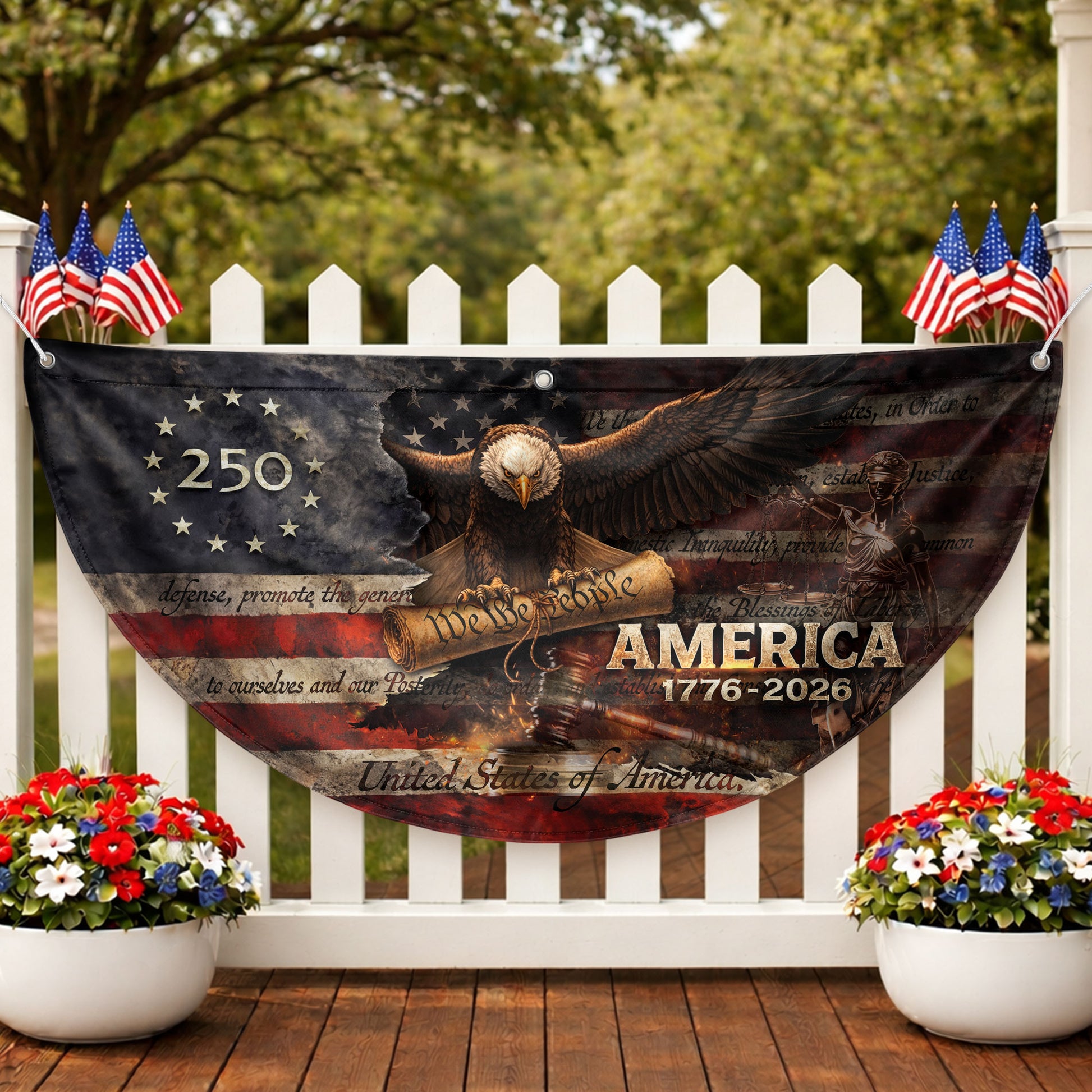 America 1776 to 2026 Fence Flag Patriotic Eagle We The People 250 Year Outdoor Decor - Rust Field Wear