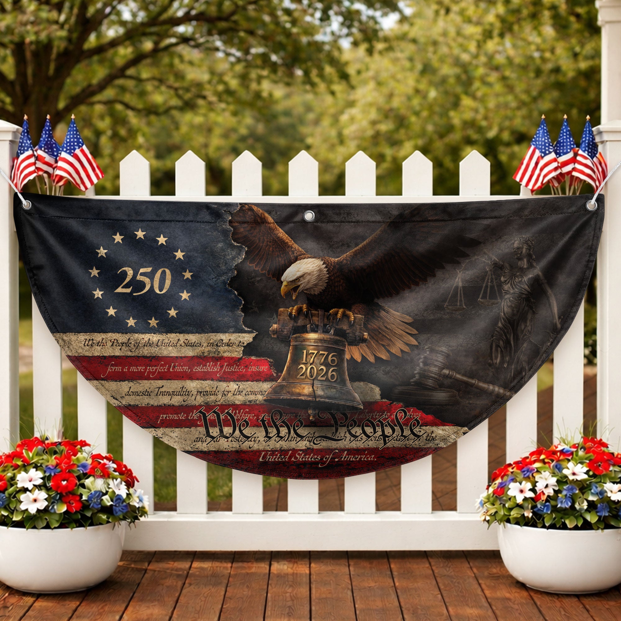 250 Years Liberty Bell Fence Flag Patriotic Bald Eagle - We The People Outdoor Banner