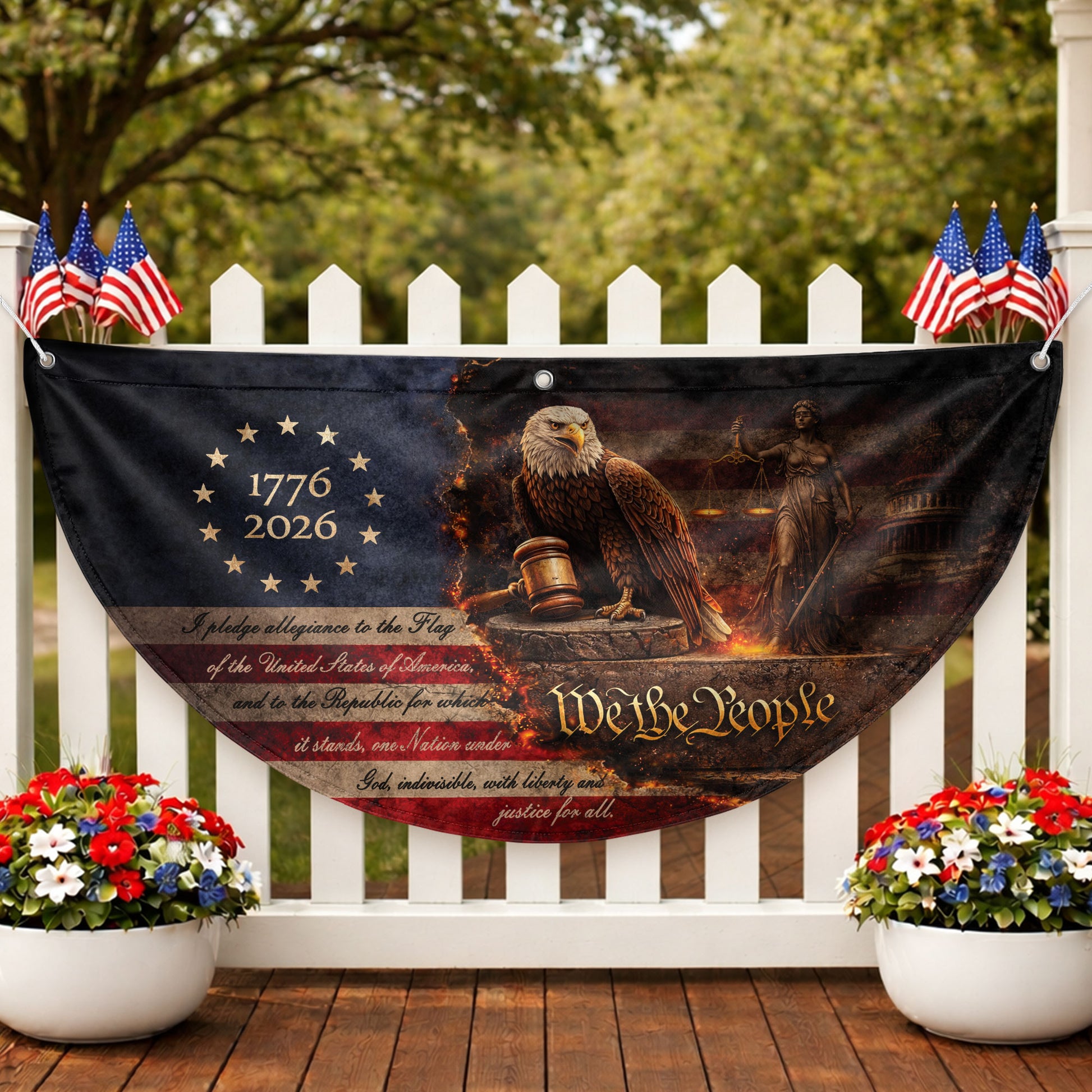 Pledge of Allegiance Fence Flag 1776-2026 Patriotic Eagle - We The People Outdoor Decor - Rust Field Wear