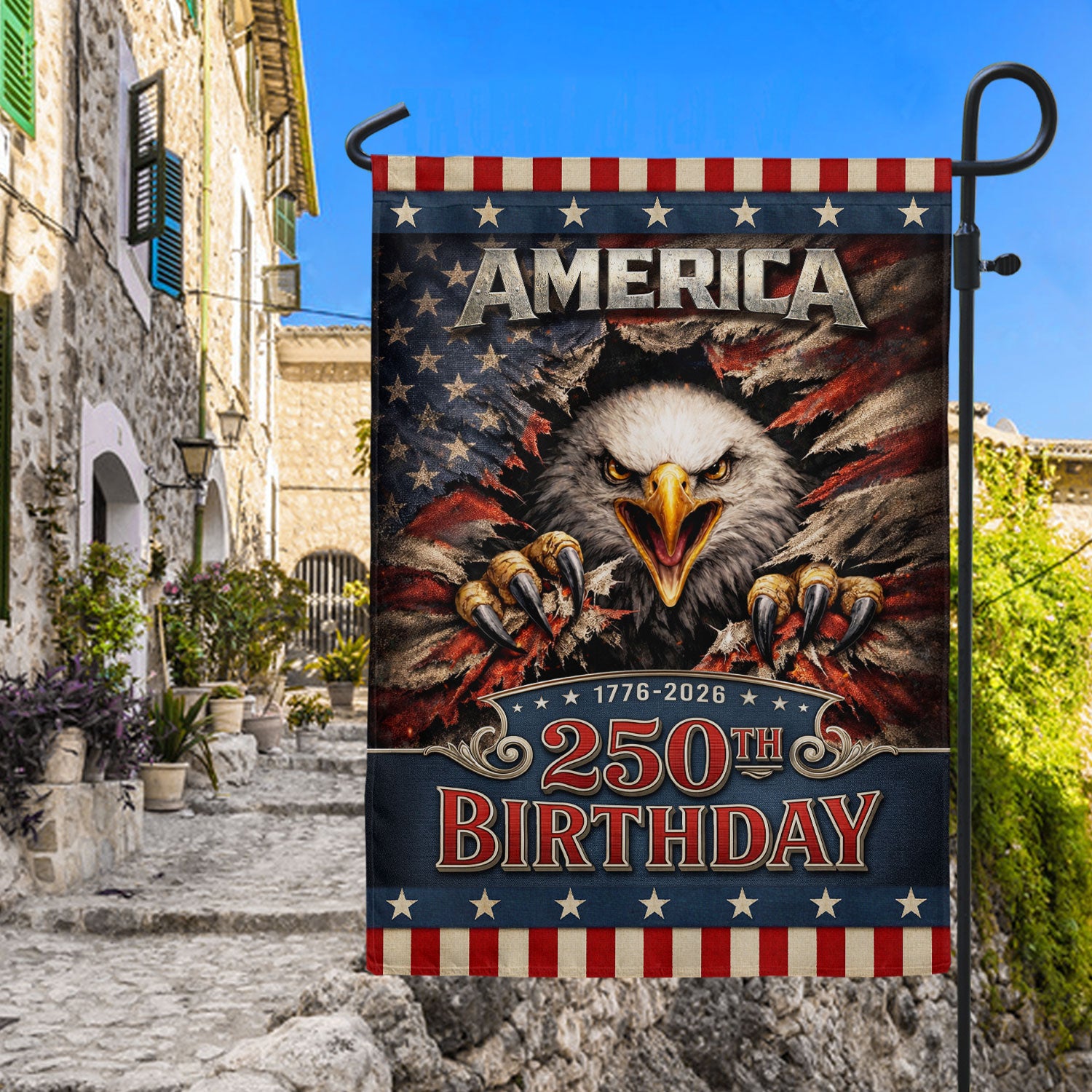 USA 250th Birthday Garden Flag - Patriotic Eagle Ripped Flag Outdoor Decor 1776-2026