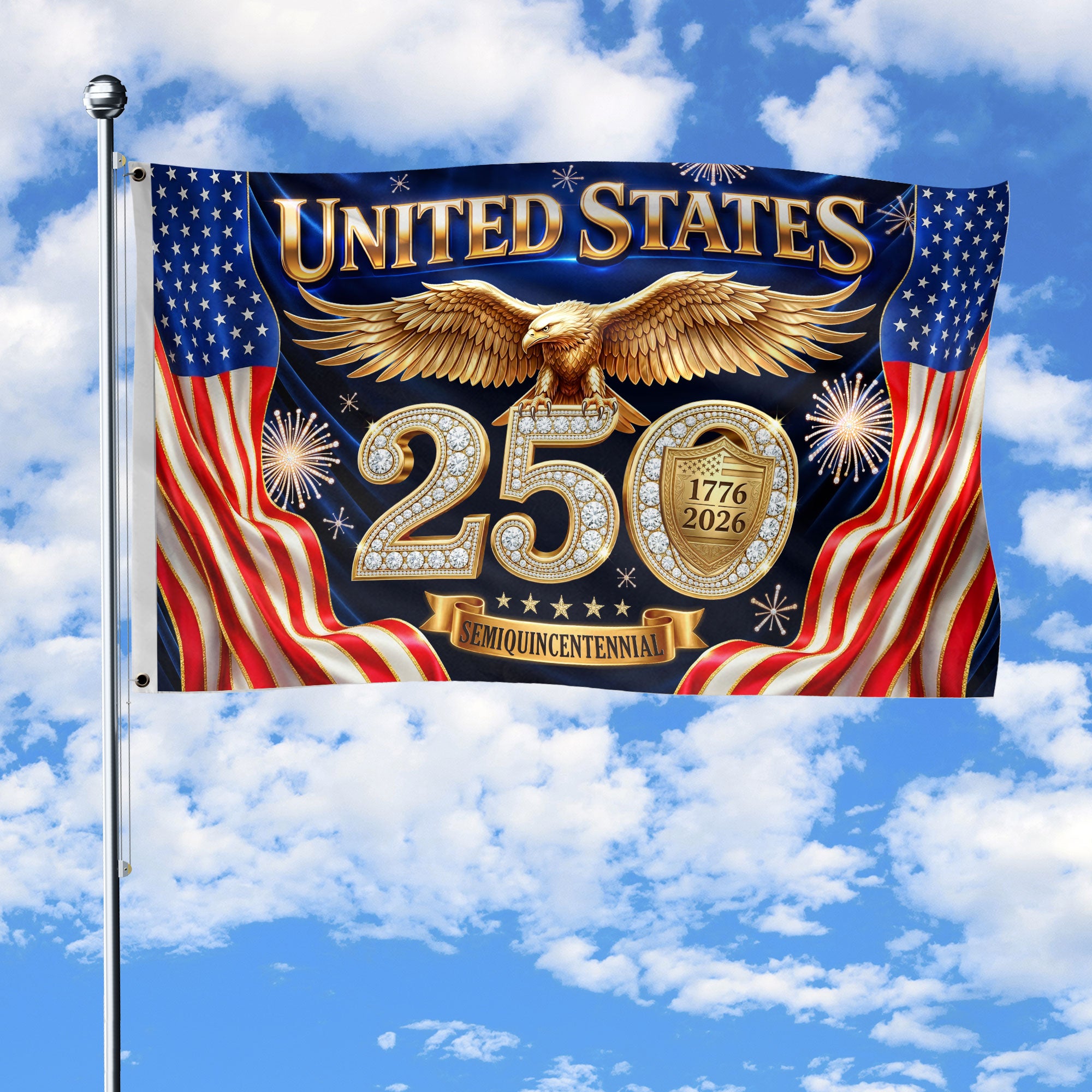 American Flag Stripes Gold Eagle Luxury Patriotic Banner US 1776 2026 Anniversary 3x5ft