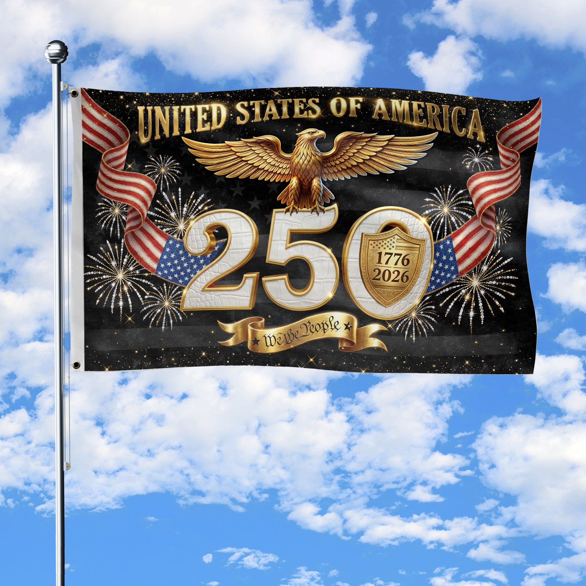 Gold Eagle Fireworks We The People Patriotic American Banner Flag US 1776 2026 Party 3x5ft