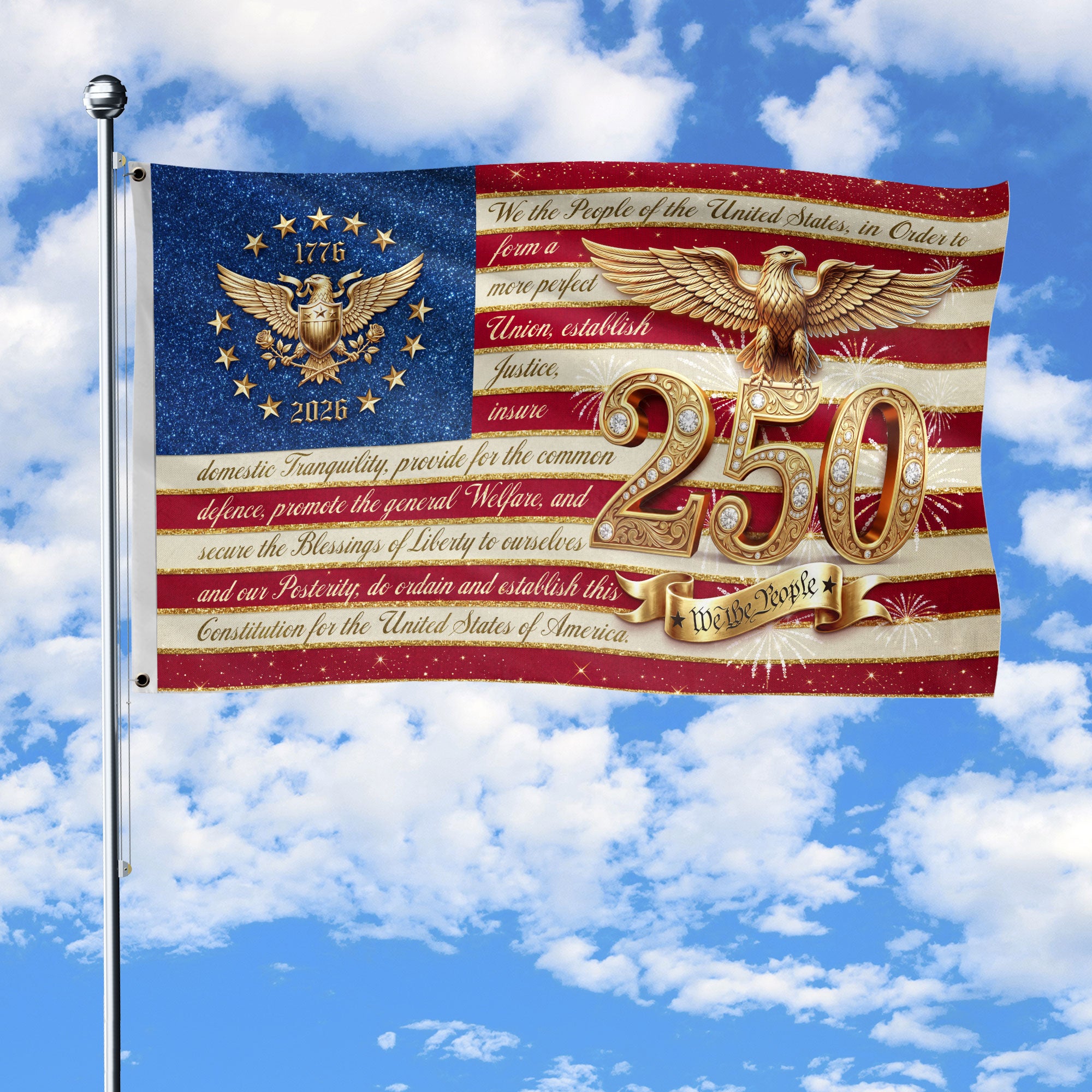 Constitution Preamble Gold Eagle Patriotic American Banner Flag US 1776 2026 Party 3x5ft