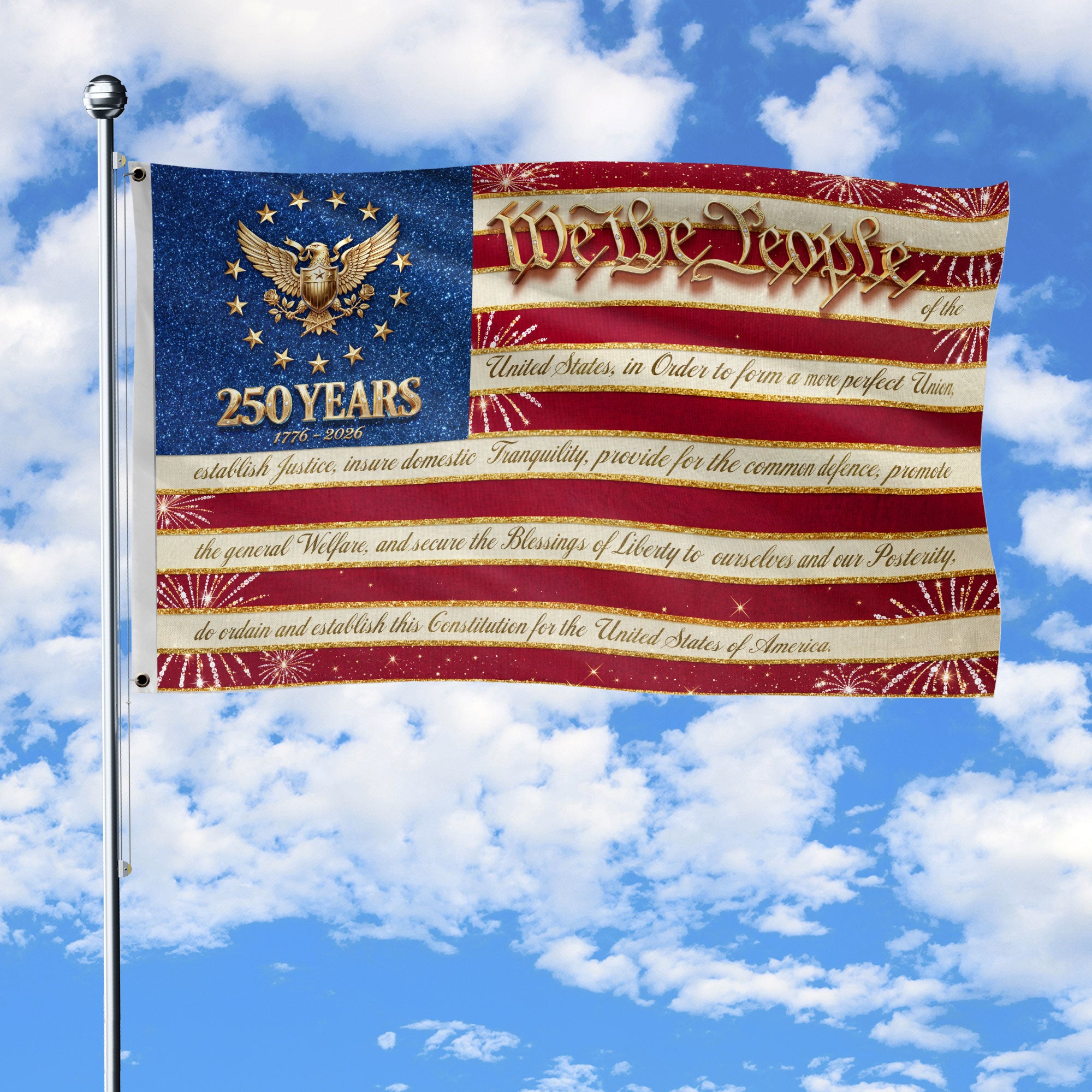 Constitution Preamble Glitter Eagle Patriotic American Banner Flag US 1776 2026 3x5ft