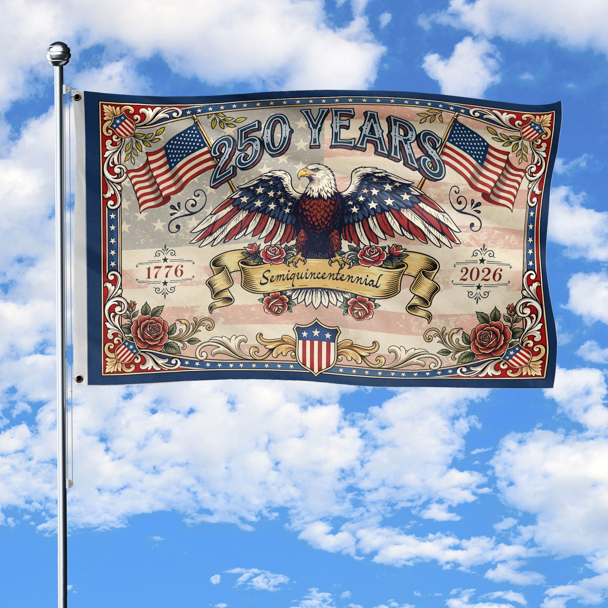 USA 250 Years Commemorative Flag - Vintage Eagle and Roses Patriotic Outdoor Banner