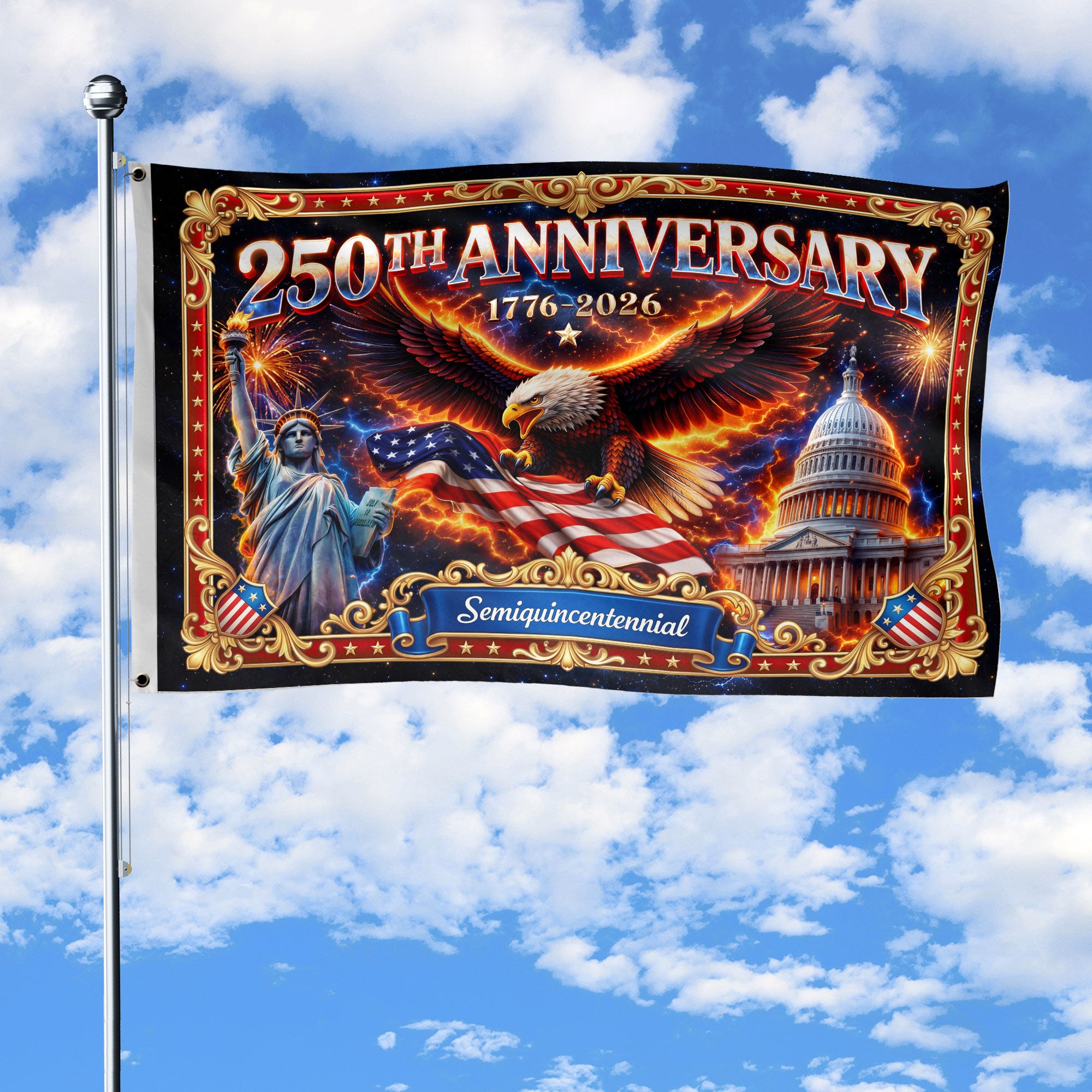 USA 250th Anniversary Flag - Iconic Statue of Liberty & Bald Eagle Patriotic Banner