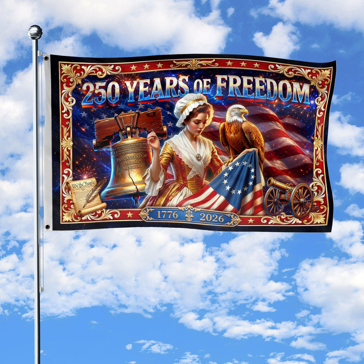USA 250 Years of Freedom Flag - Betsy Ross & Liberty Bell Patriotic Banner 1776-2026 - Rust Field Wear