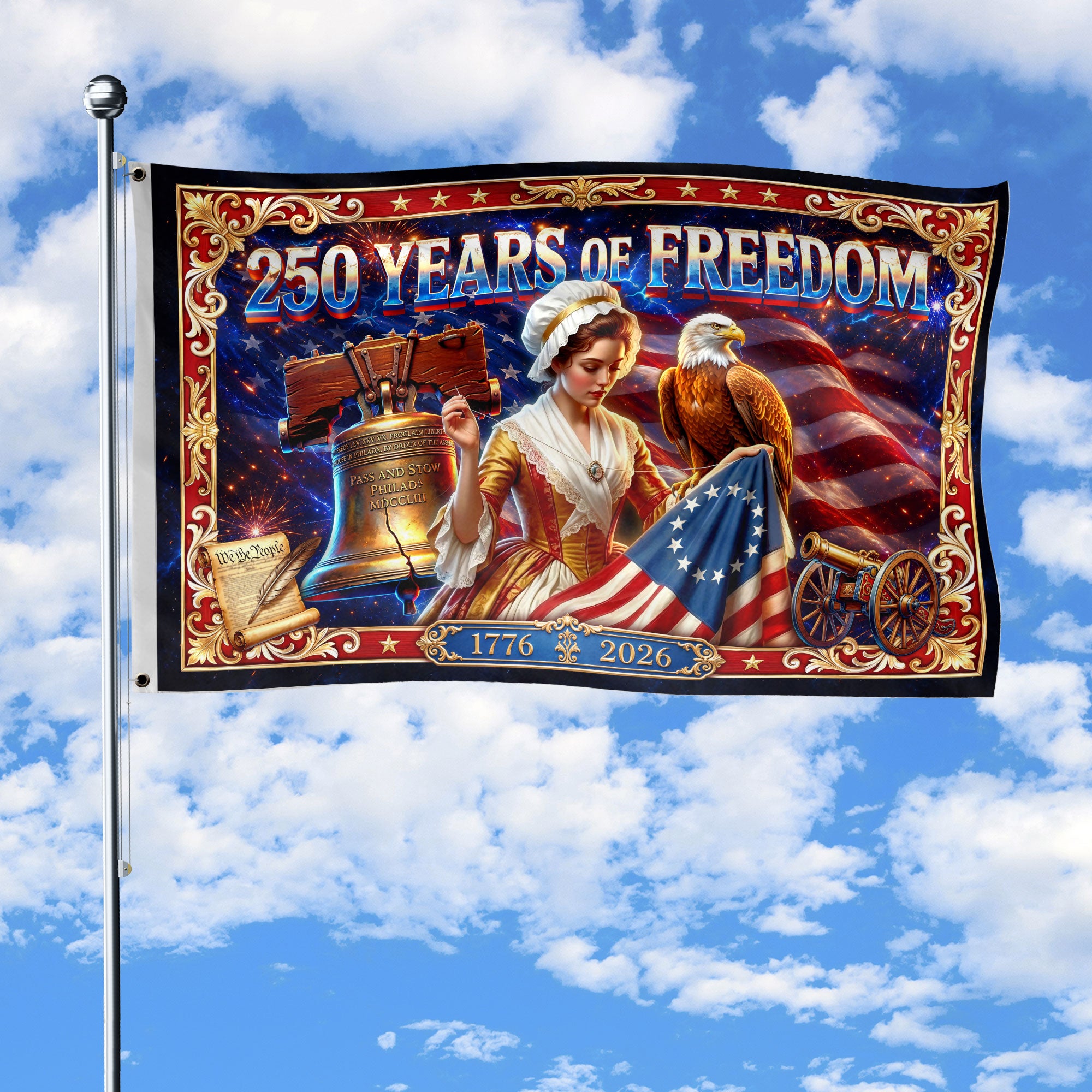 USA 250 Years of Freedom Flag - Betsy Ross & Liberty Bell Patriotic Banner 1776-2026