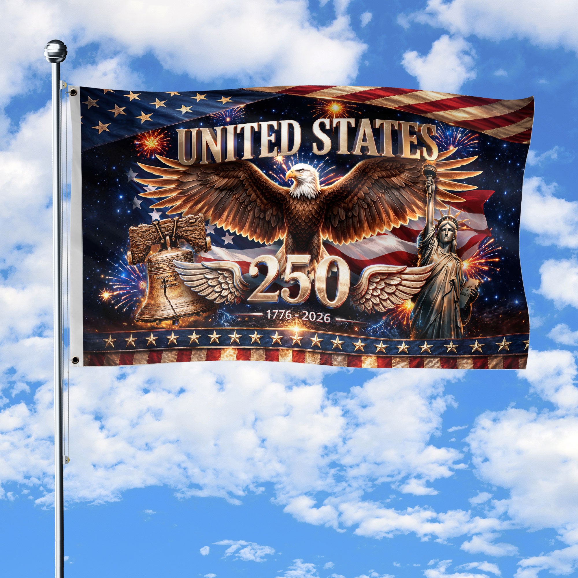 United States 250 Years Flag - Iconic Liberty Bell & Statue of Liberty Patriotic Banner