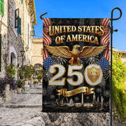 USA 250 Years Garden Flag - Golden Eagle & City Skyline Patriotic Decor 1776-2026 - Rust Field Wear