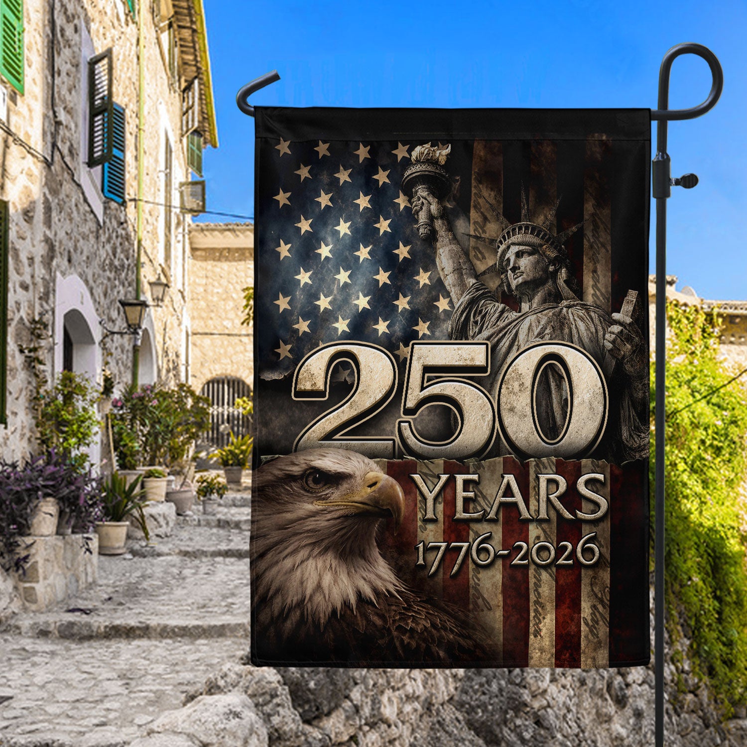 1776-2026 Anniversary House Flag 250 Years of Liberty Statue & Bald Eagle Banner