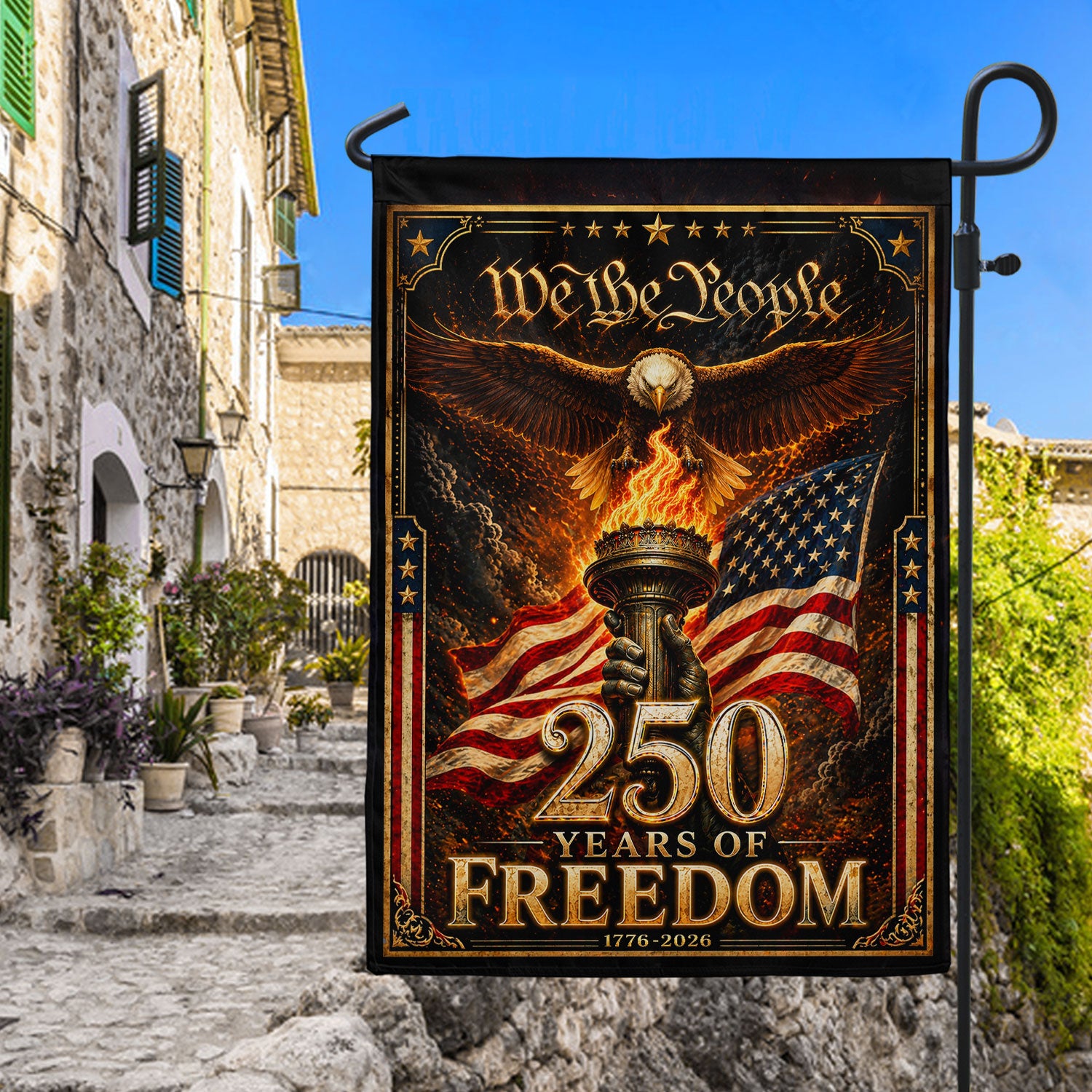 USA 250 Years of Freedom House Flag - Patriotic Eagle & Torch Outdoor Banner