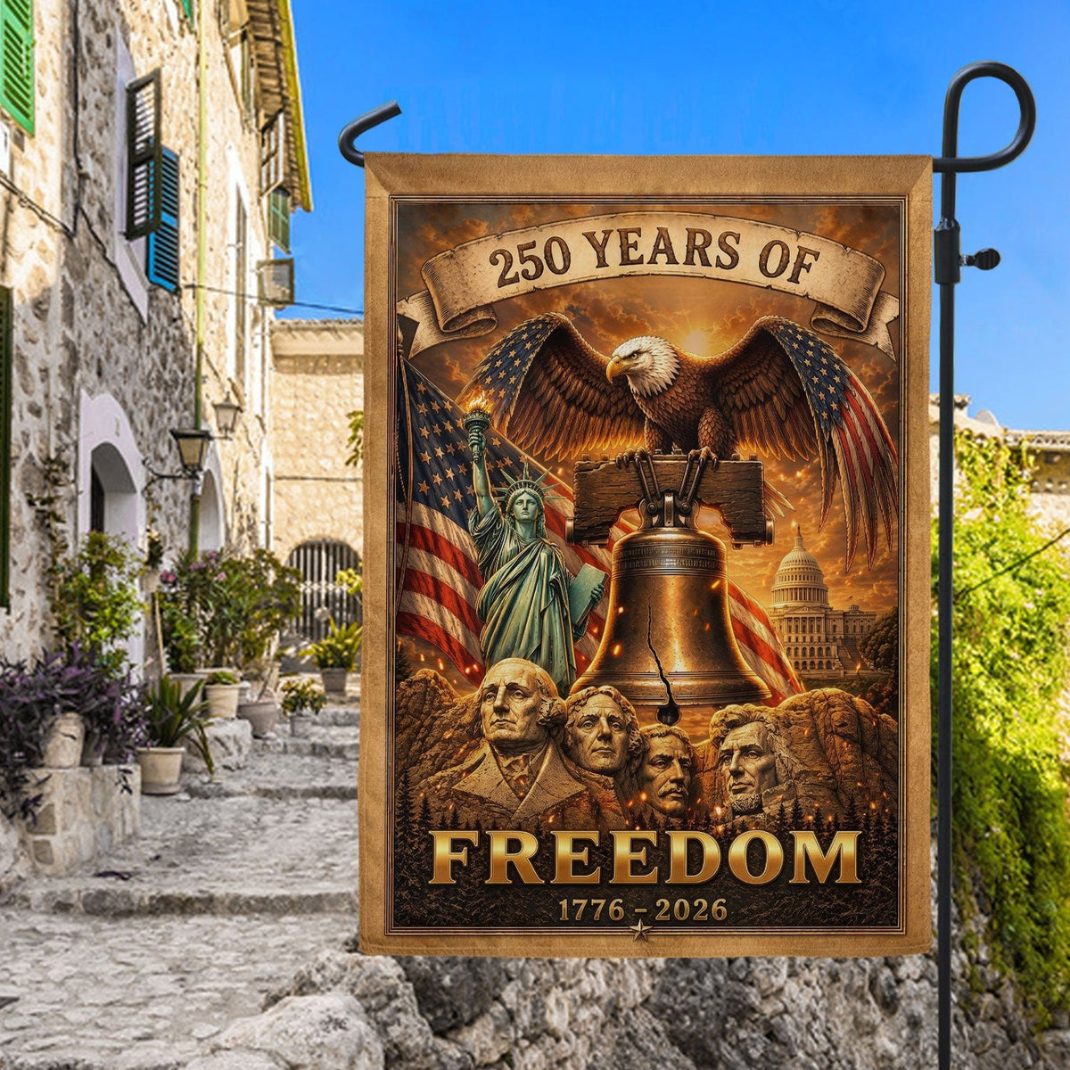 250th Anniversary Garden Flag - United States 1776-2026 Historic Icons Yard Decor - Rust Field Wear
