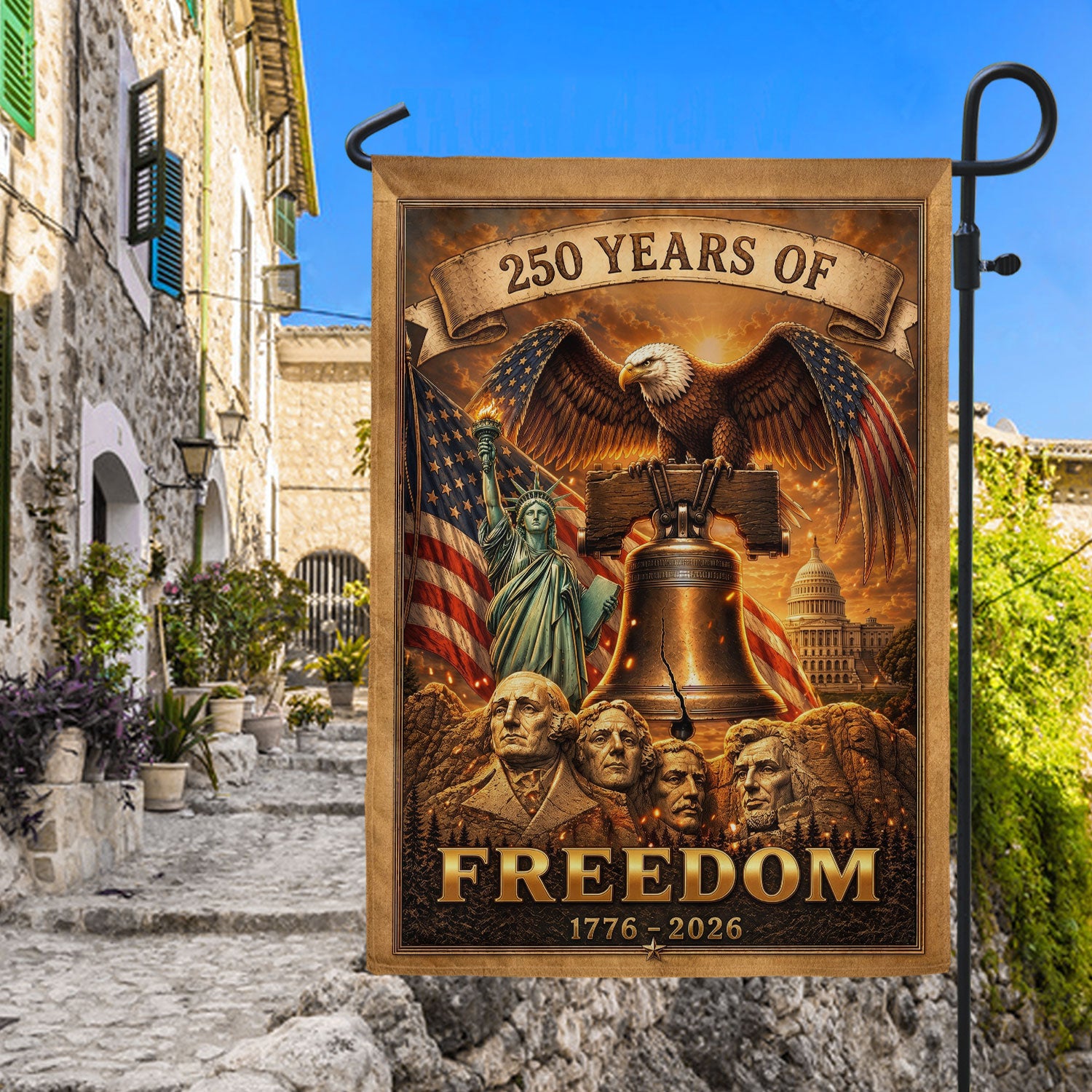 USA 250 Years of Freedom House Flag - Mt. Rushmore & Liberty Icons Patriotic Banner