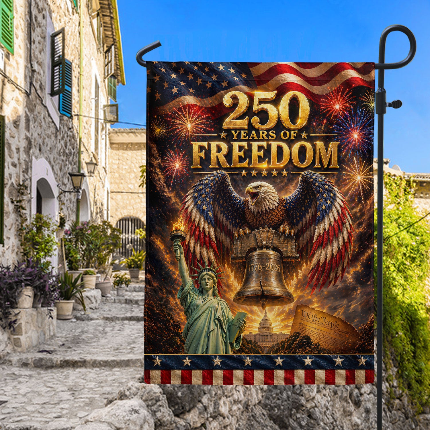 250th Anniversary Garden Flag - Majestic Patriotic Icons & Fireworks Yard Banner