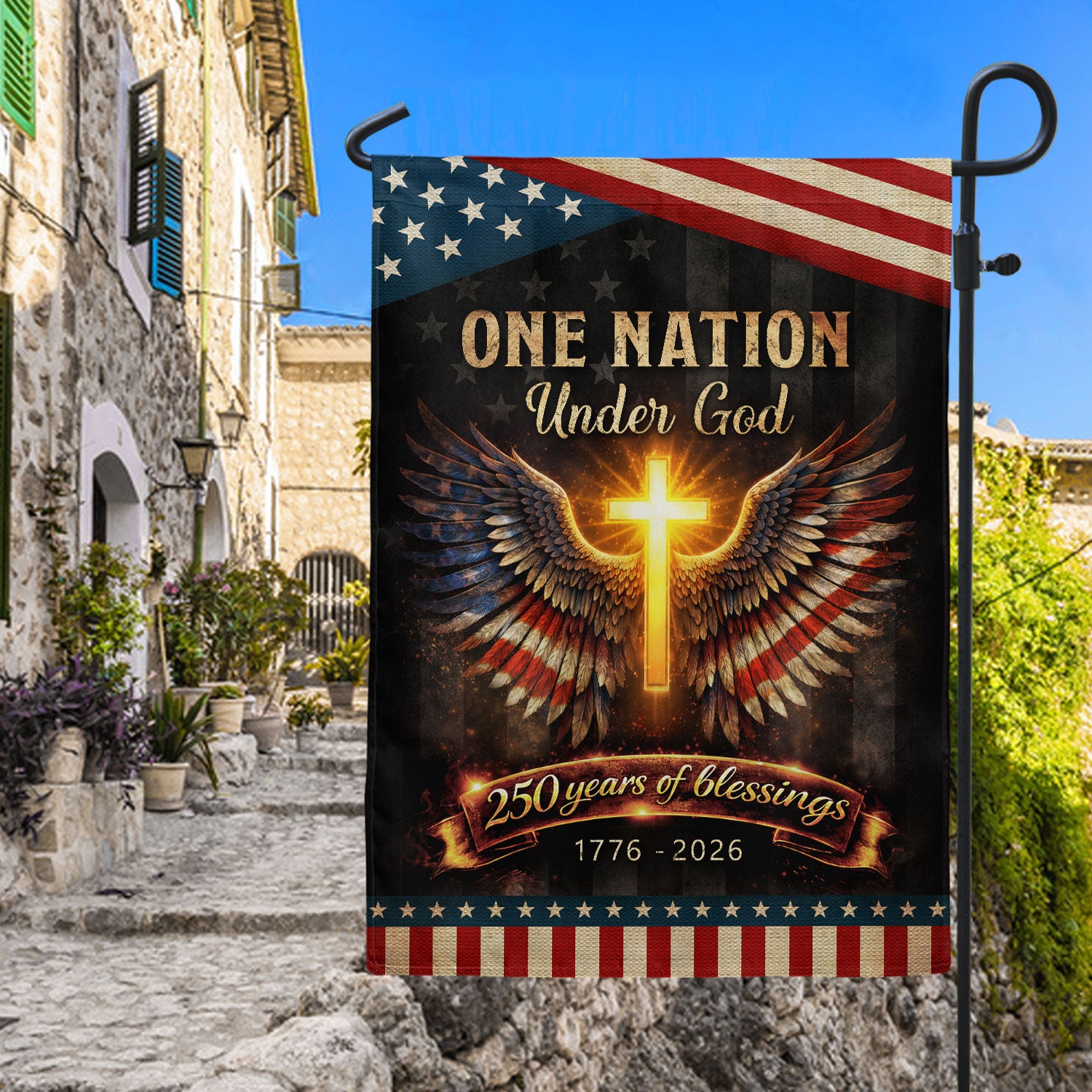 250th Anniversary House Flag One Nation Under God Cross Patriotic Banner 1776-2026