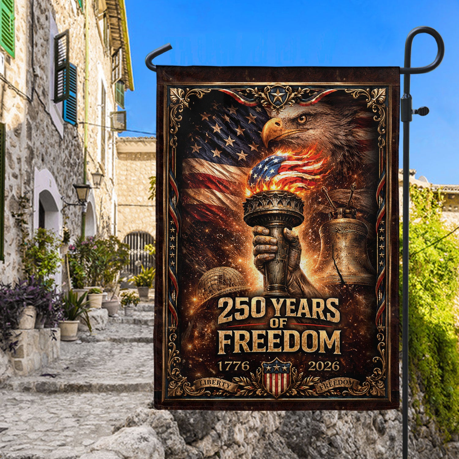 250 Years of Freedom Garden Flag - USA Torch & Eagle Patriotic Outdoor Decor 1776-2026