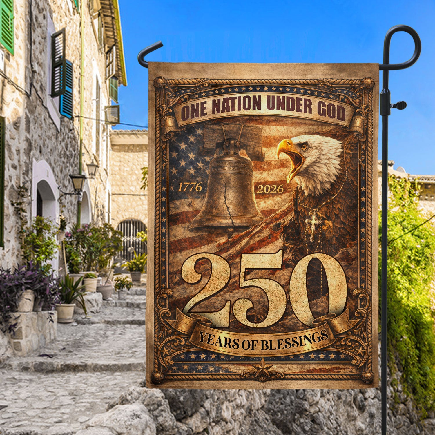 250 Years Liberty Bell House Flag 1776-2026 Patriotic Christian Outdoor Banner Decor
