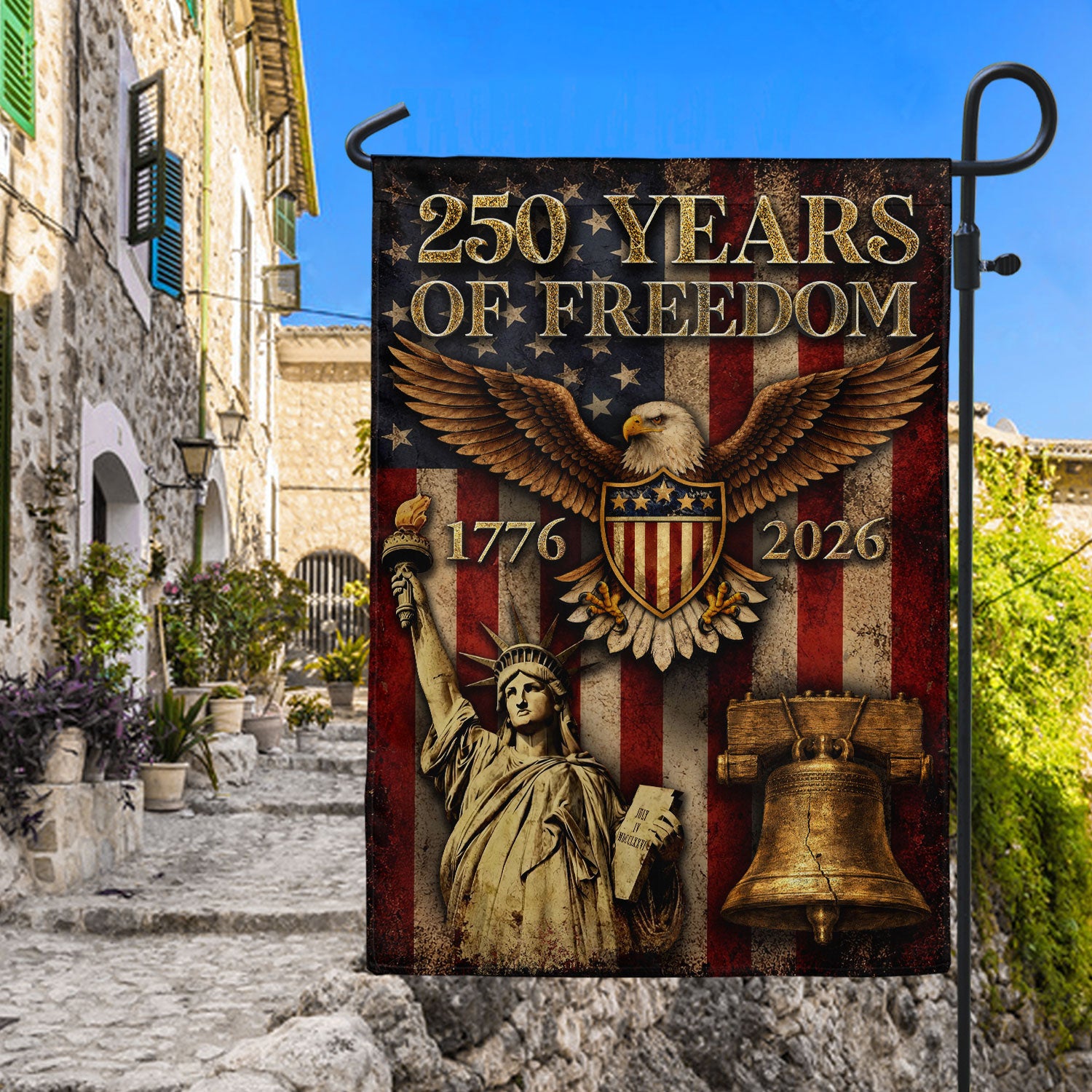 USA 250 Years of Freedom House Flag - Statue of Liberty & Liberty Bell Patriotic Banner