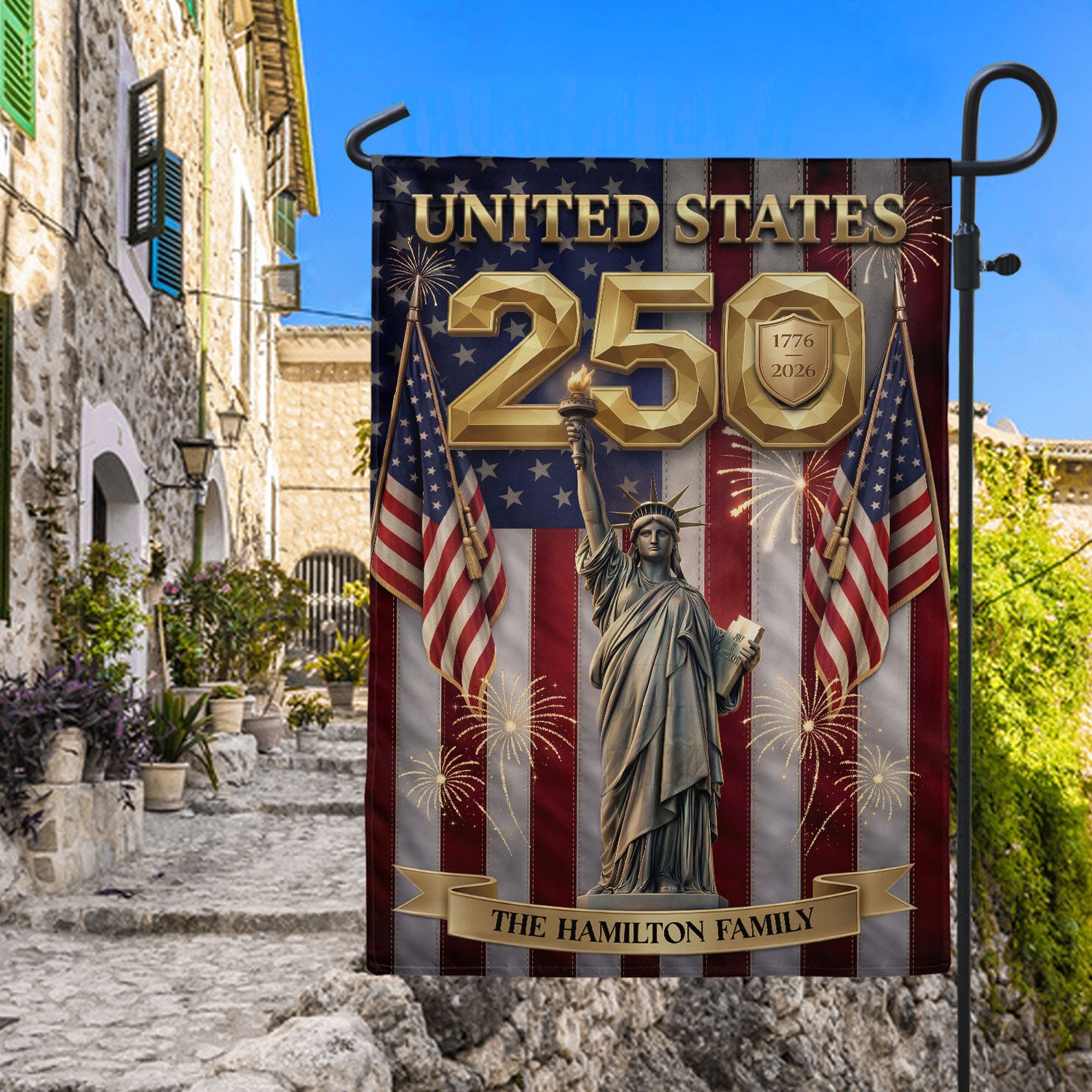 Custom Family Name United States 250 Years Statue of Liberty Patriot Garden Flag Banner