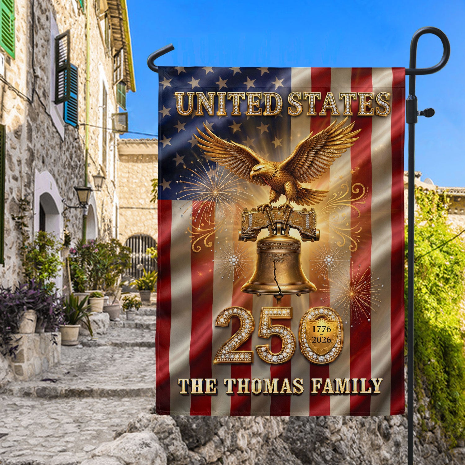 Custom Family Name United States 250 Years Liberty Bell Patriot Eagle Garden Flag