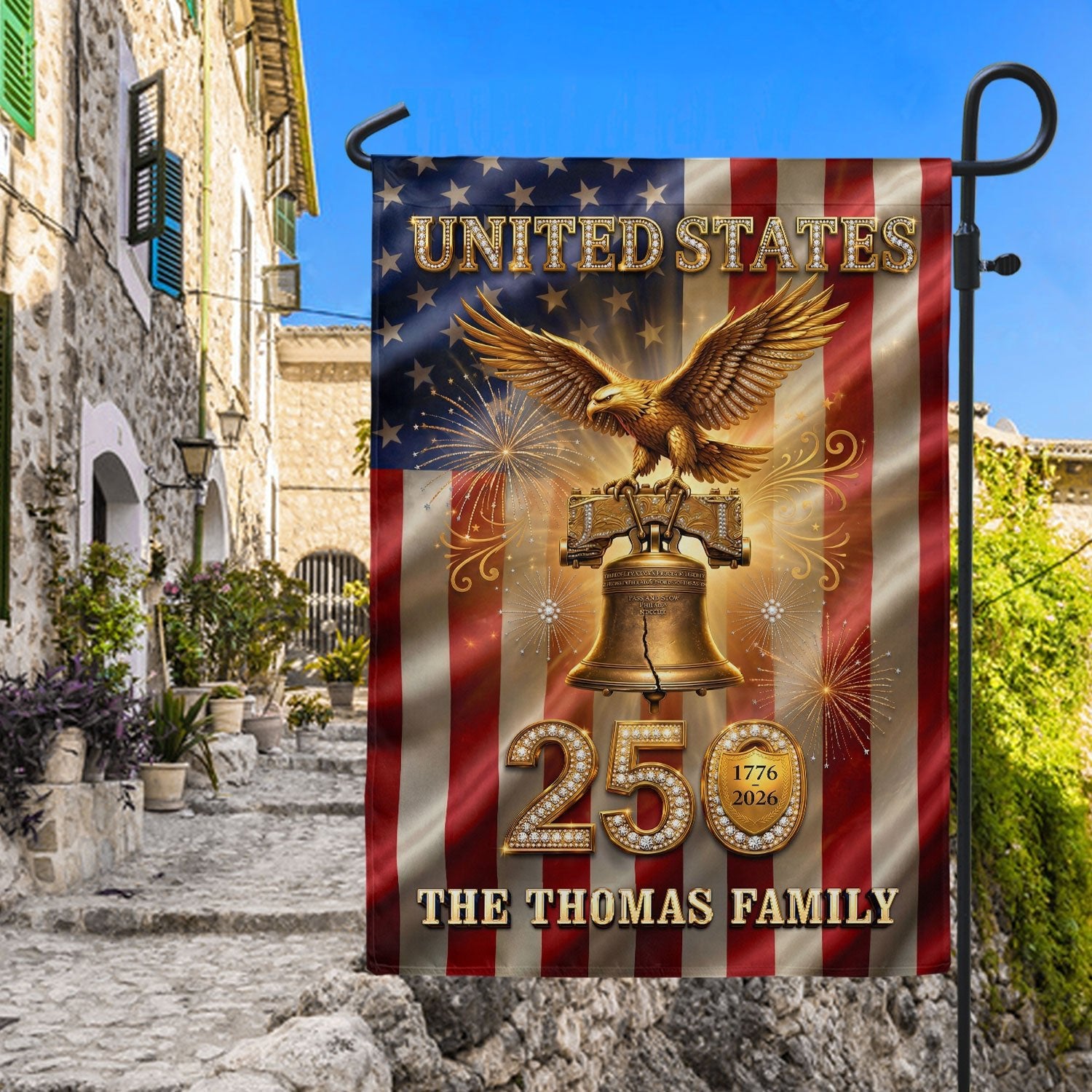 Custom Family Name United States 250 Years Liberty Bell Patriot Eagle Garden Flag - Rust Field Wear