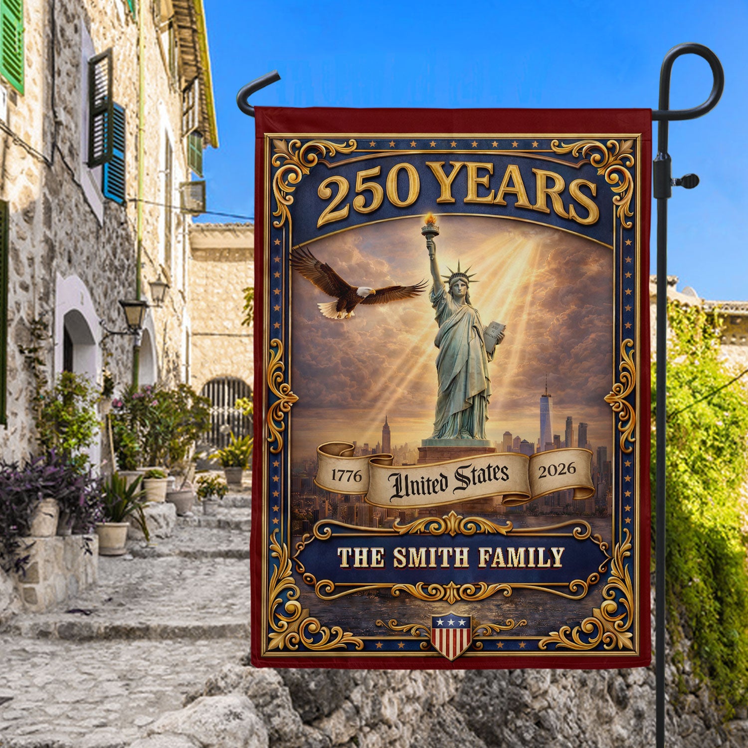 Custom Family Name 250 Years United States Statue of Liberty Patriot Garden Flag
