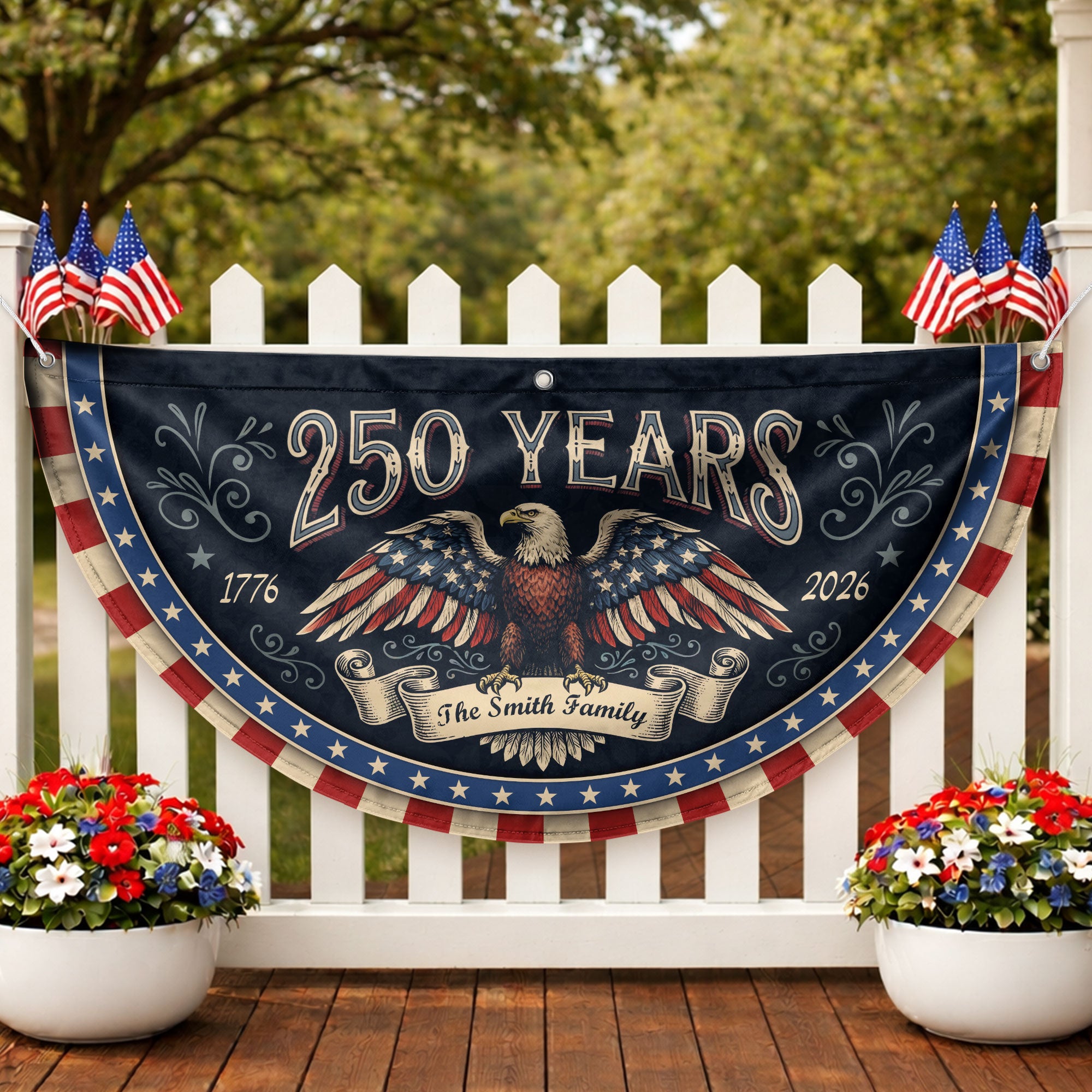 250 Years 1776-2026 Patriotic Fence Flag - Custom Family Name Eagle Outdoor Banner
