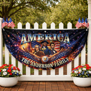 Custom Family Name America 1776-2026 Historical Founding Fathers Patriot Fence Flag - Rust Field Wear